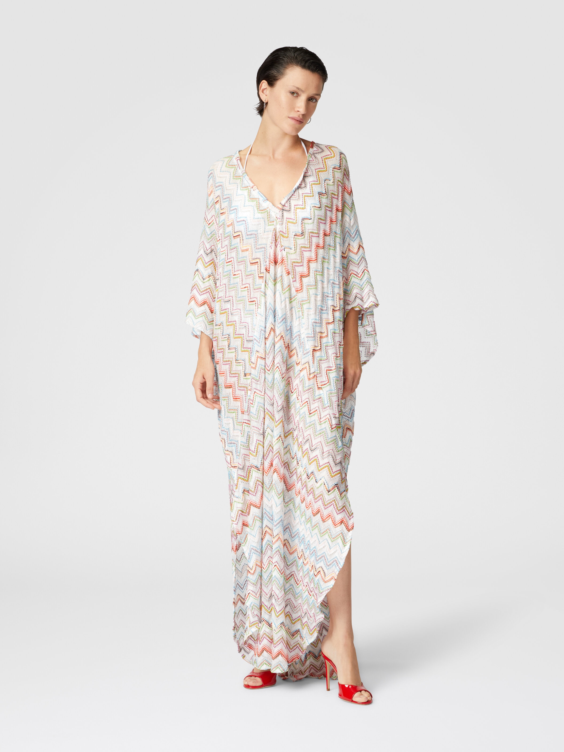 Long kaftan with 3D zig zag lamé and batwing sleeves, Multicoloured  - 1