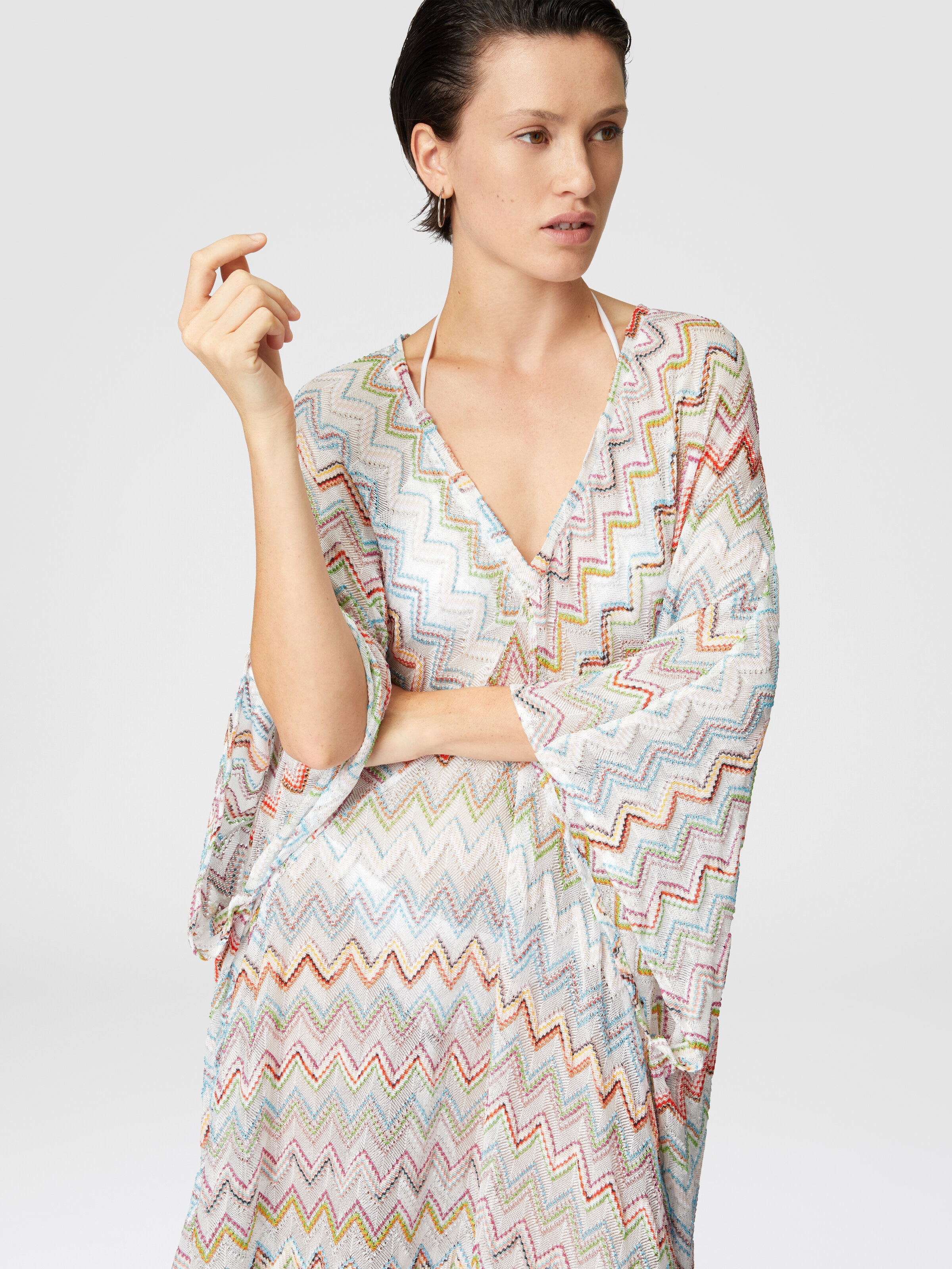 Long kaftan with 3D zig zag lamé and batwing sleeves, Multicoloured  - 3