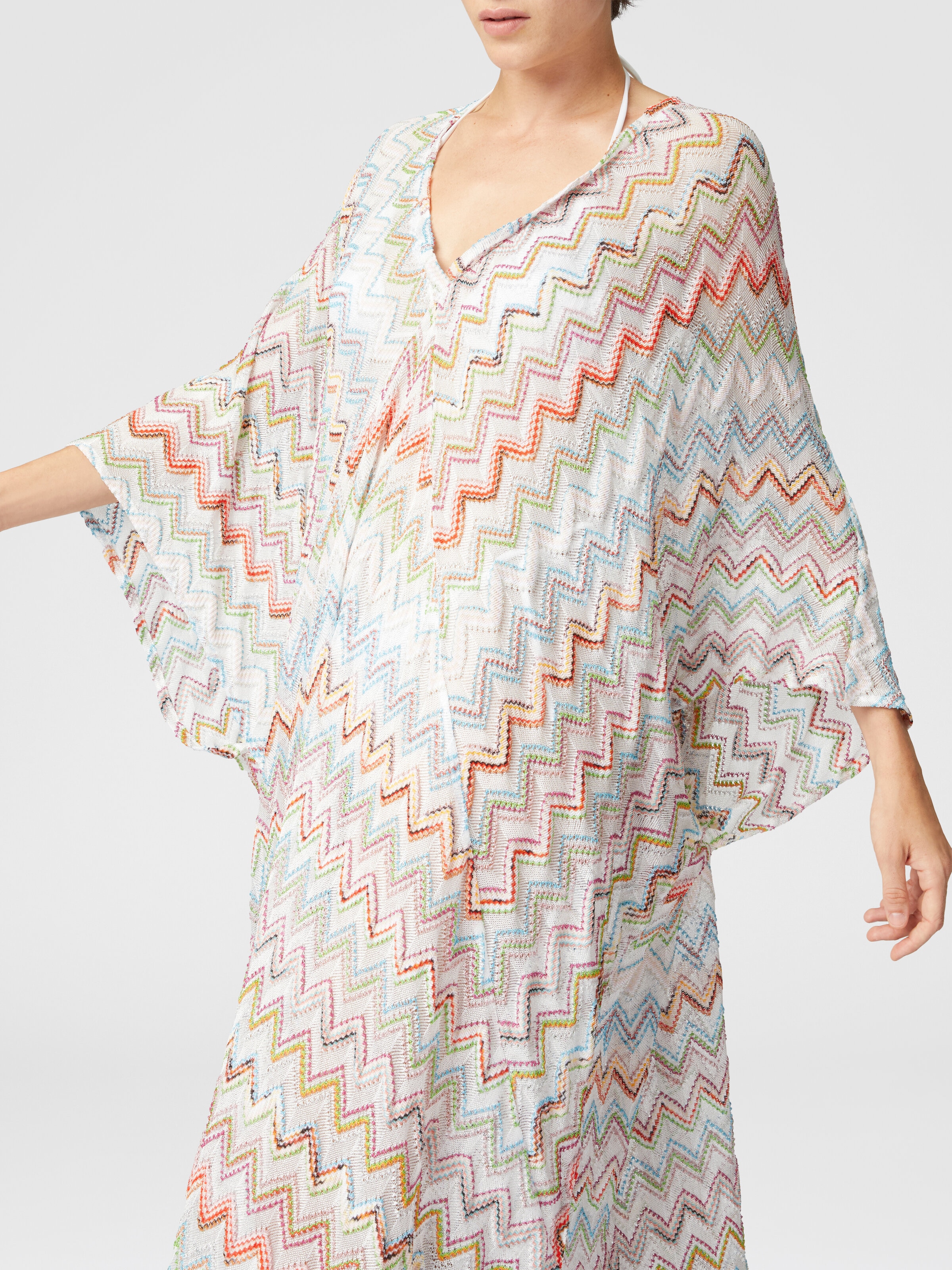 Long kaftan with 3D zig zag lamé and batwing sleeves, Multicoloured  - 4