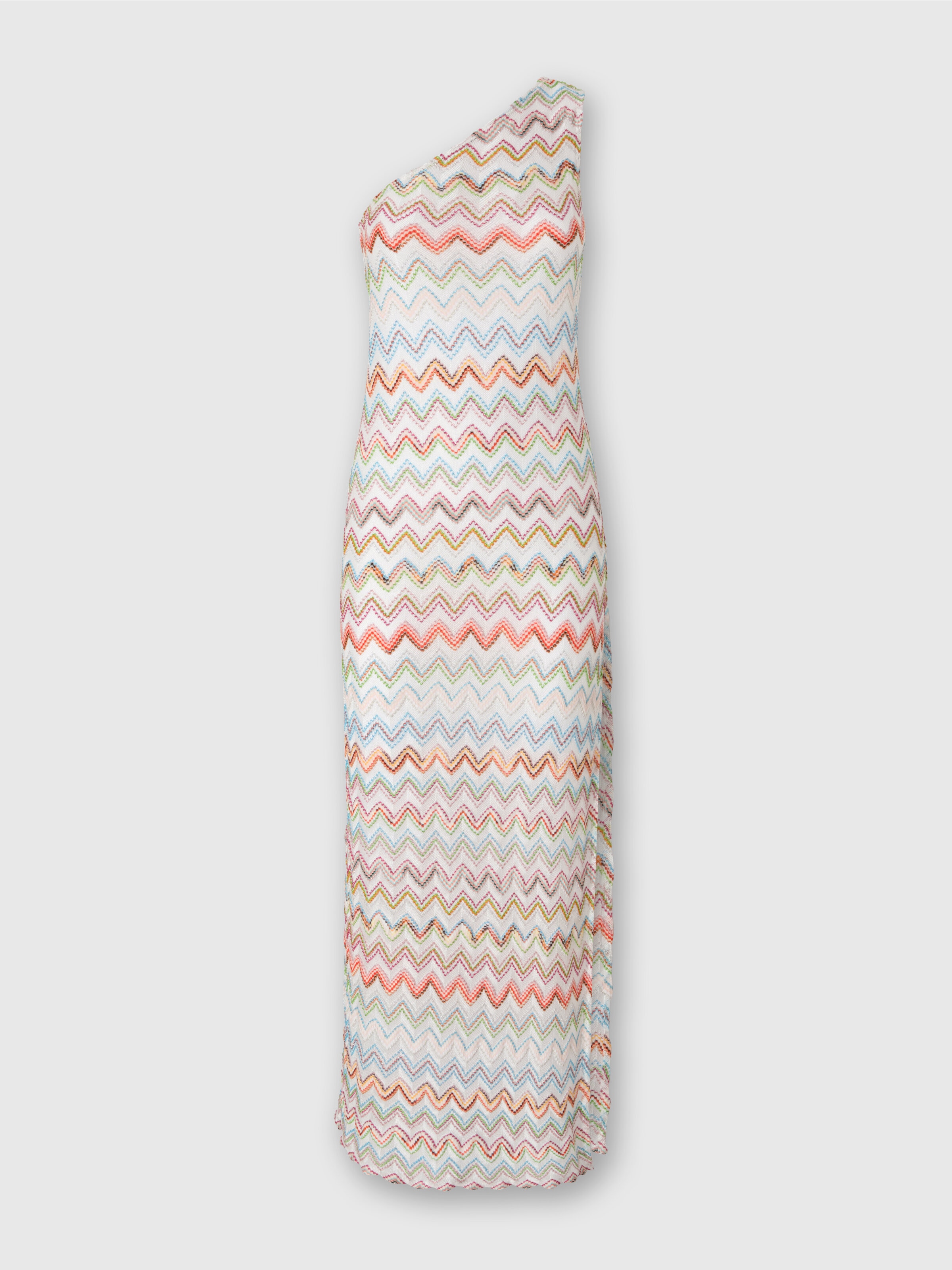 Long one-shoulder dress with 3D zig zag lamé, Multicoloured  - 0