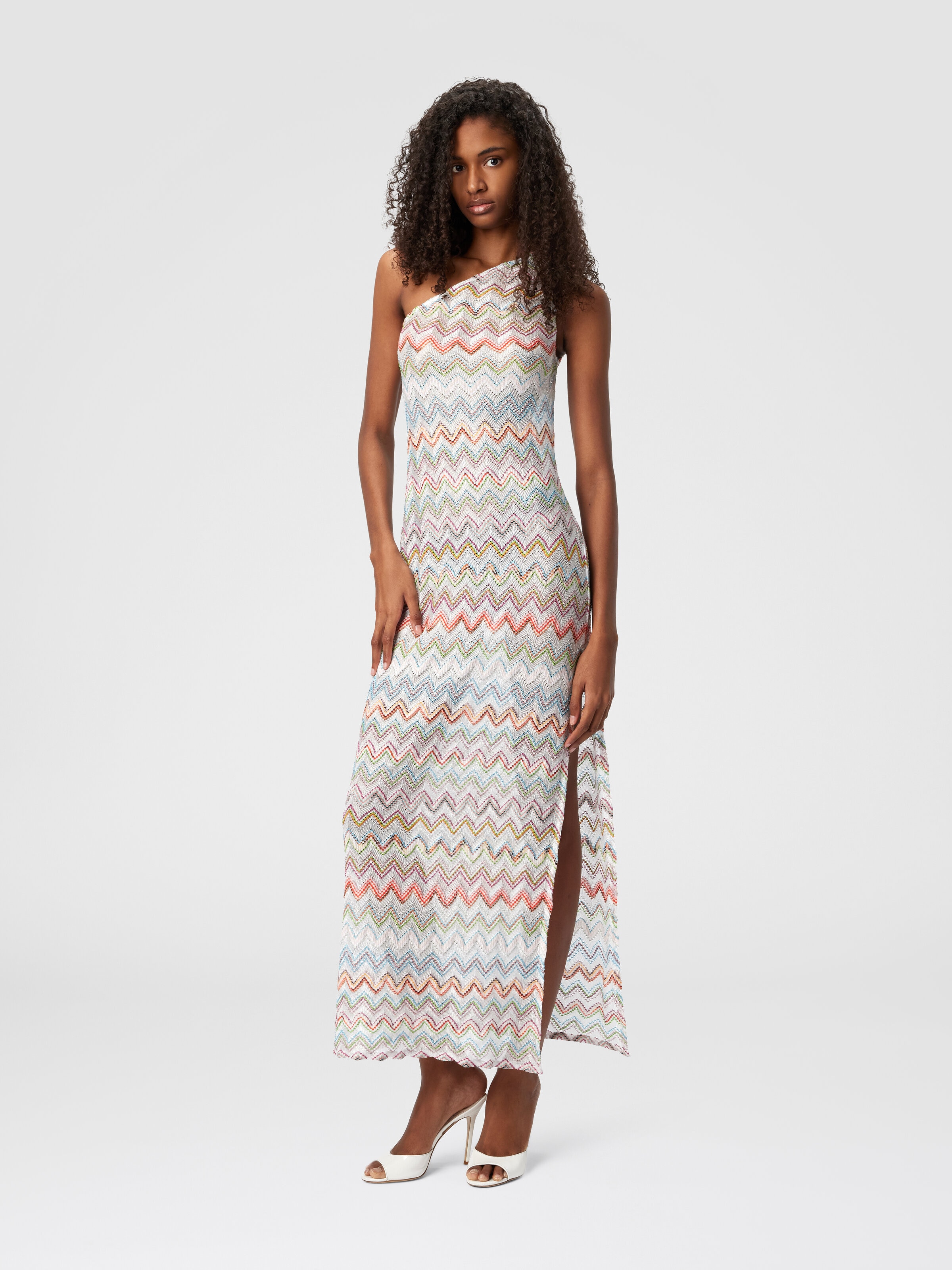 Long one-shoulder dress with 3D zig zag lamé, Multicoloured  - 1