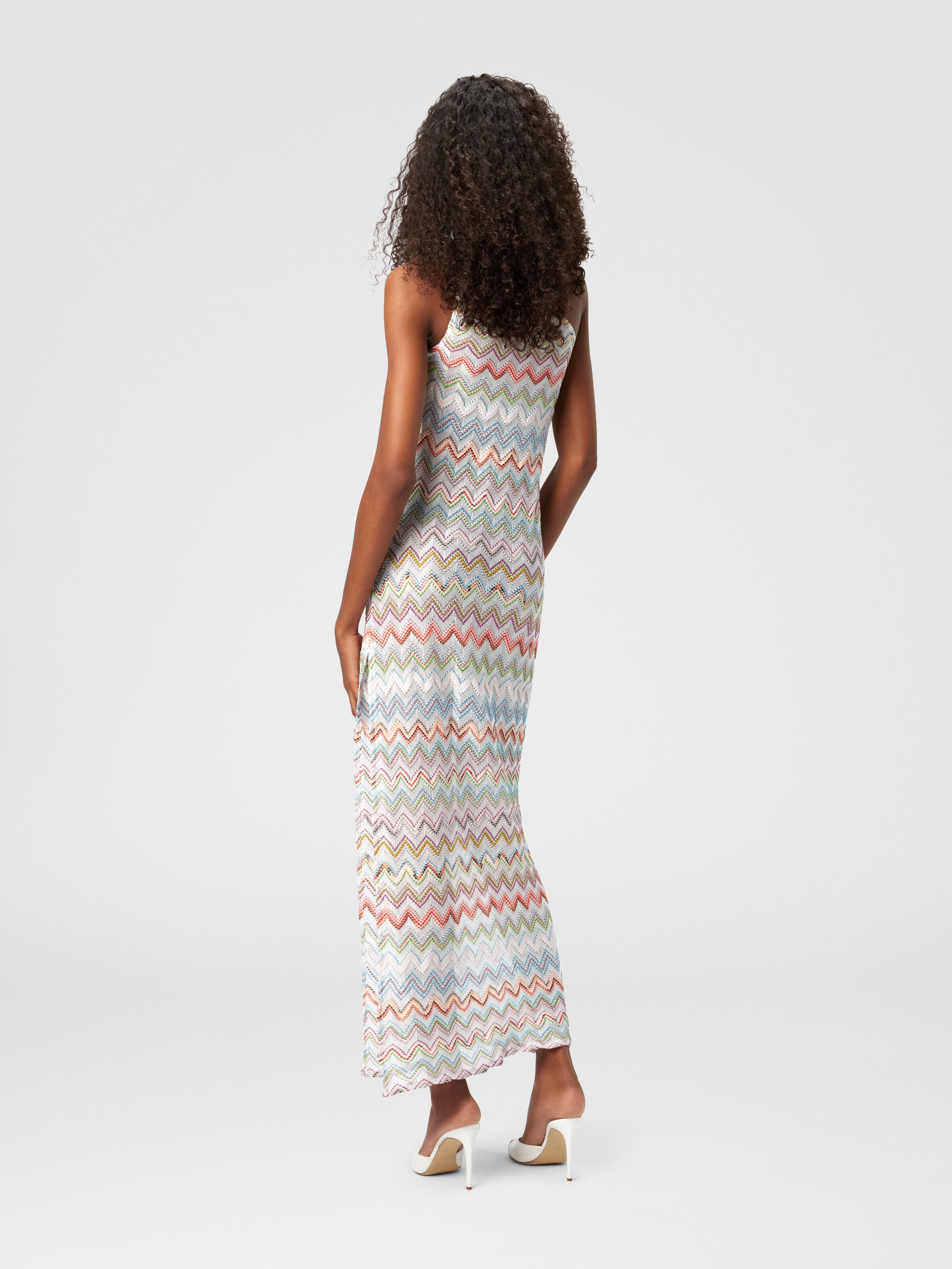 Long one-shoulder dress with 3D zig zag lamé, Multicoloured  - 2
