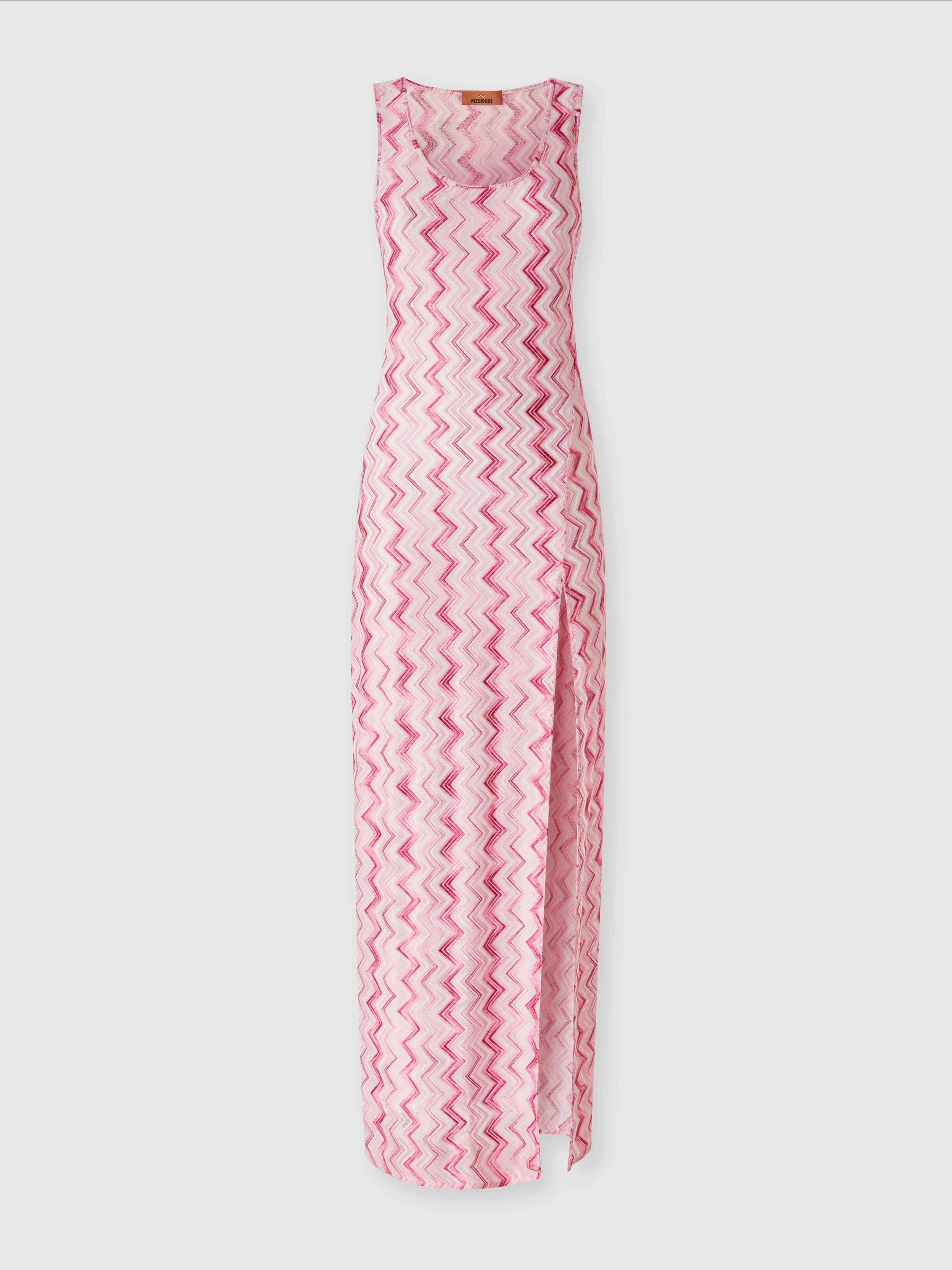 Long cover-up dress in slub zigzag viscose blend, White &  Pink  - 0