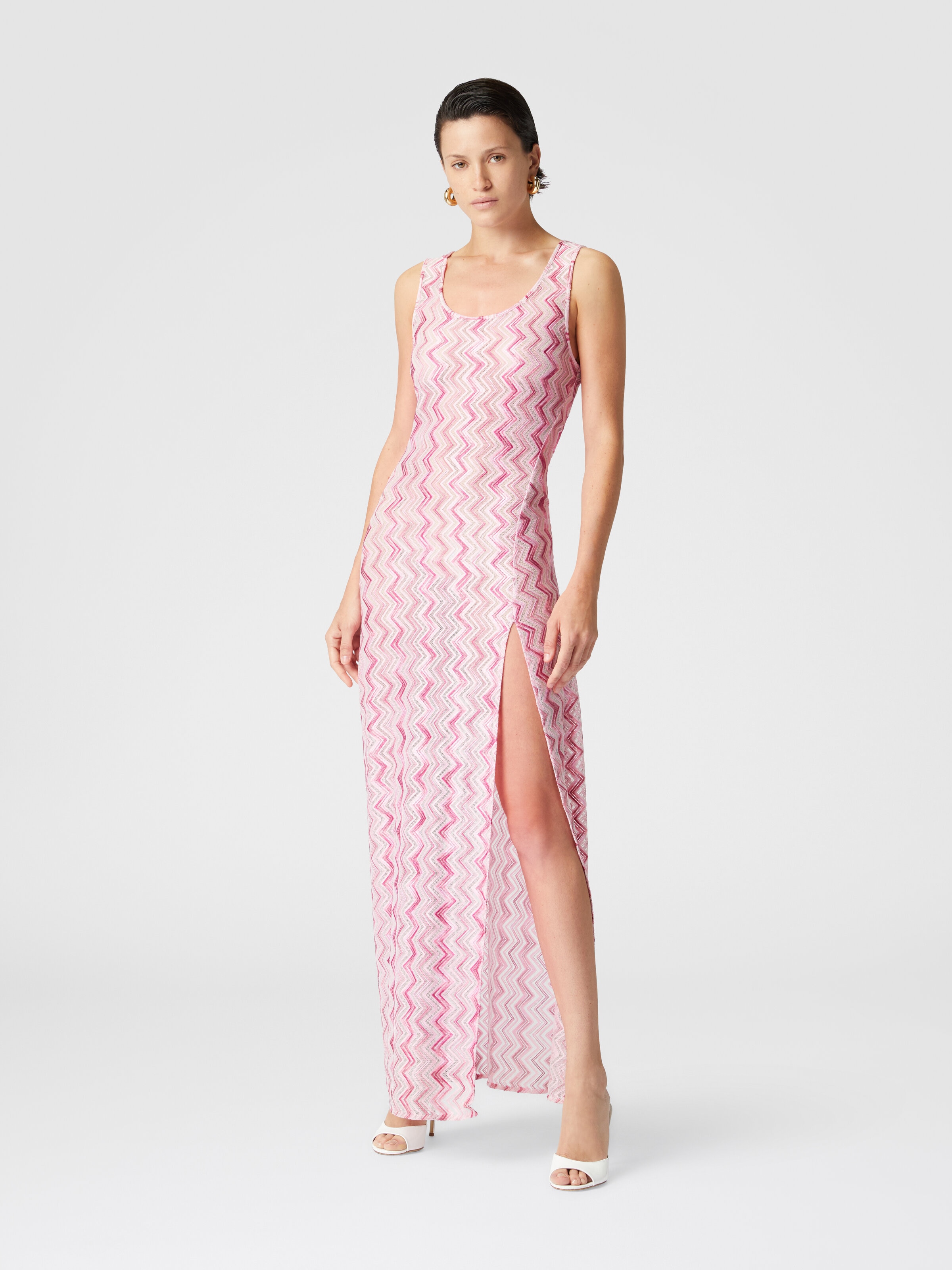 Long cover-up dress in slub zigzag viscose blend, White &  Pink  - 1