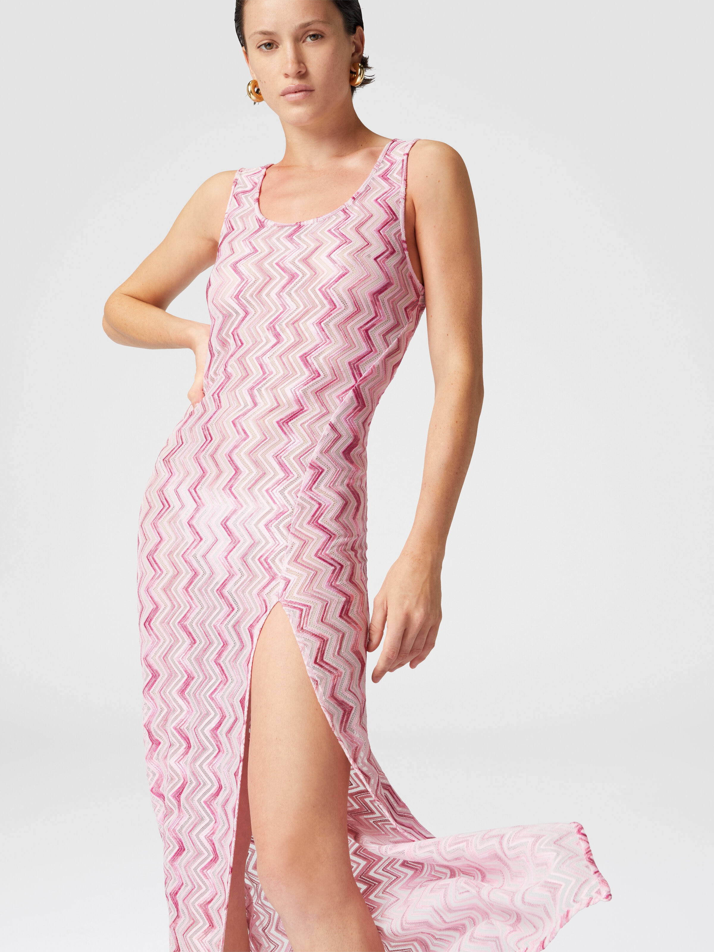 Long cover-up dress in slub zigzag viscose blend, White &  Pink  - 3