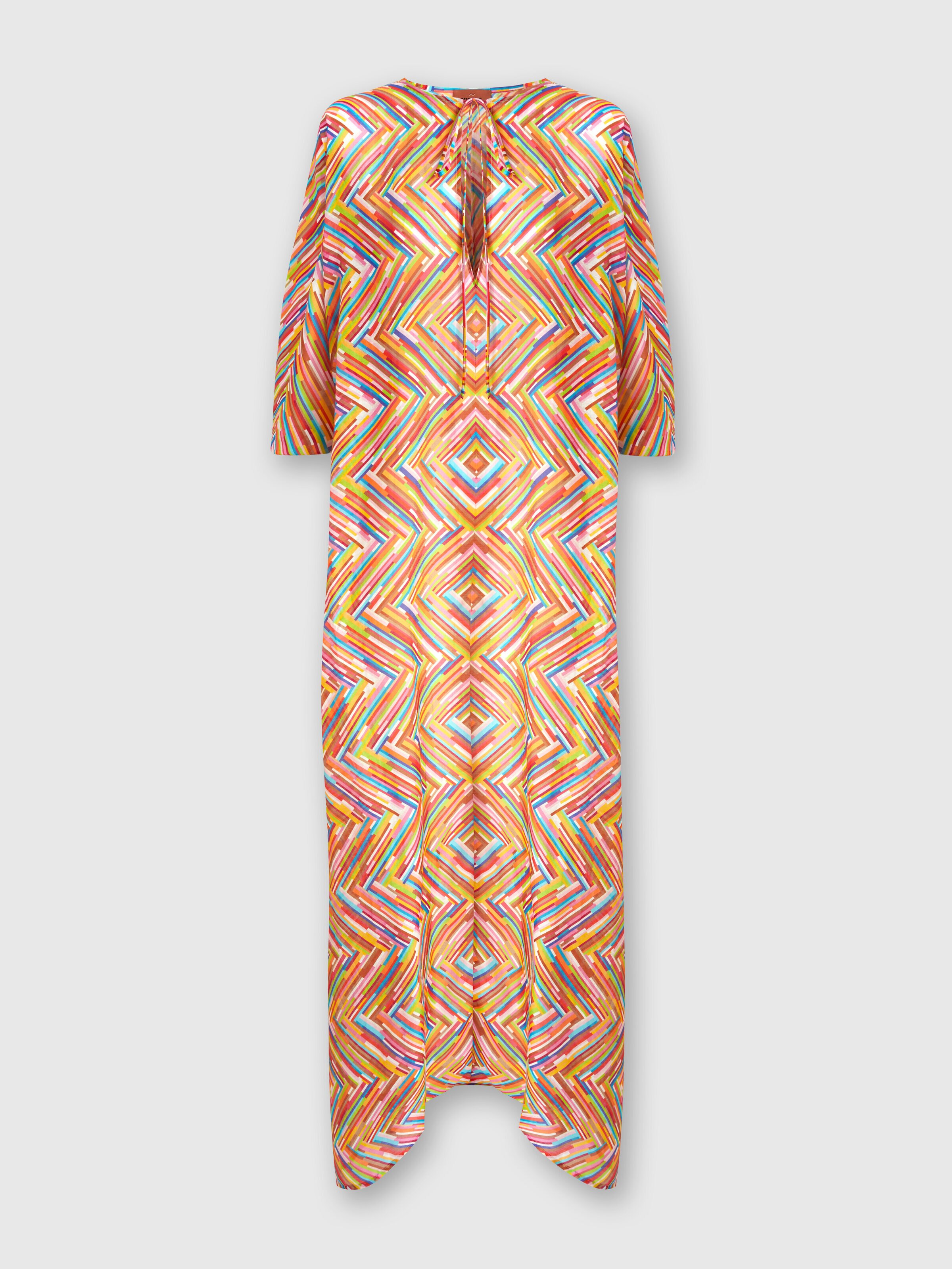 Caftan long en coton et soie mélangés imprimés, Multicolore  - 0