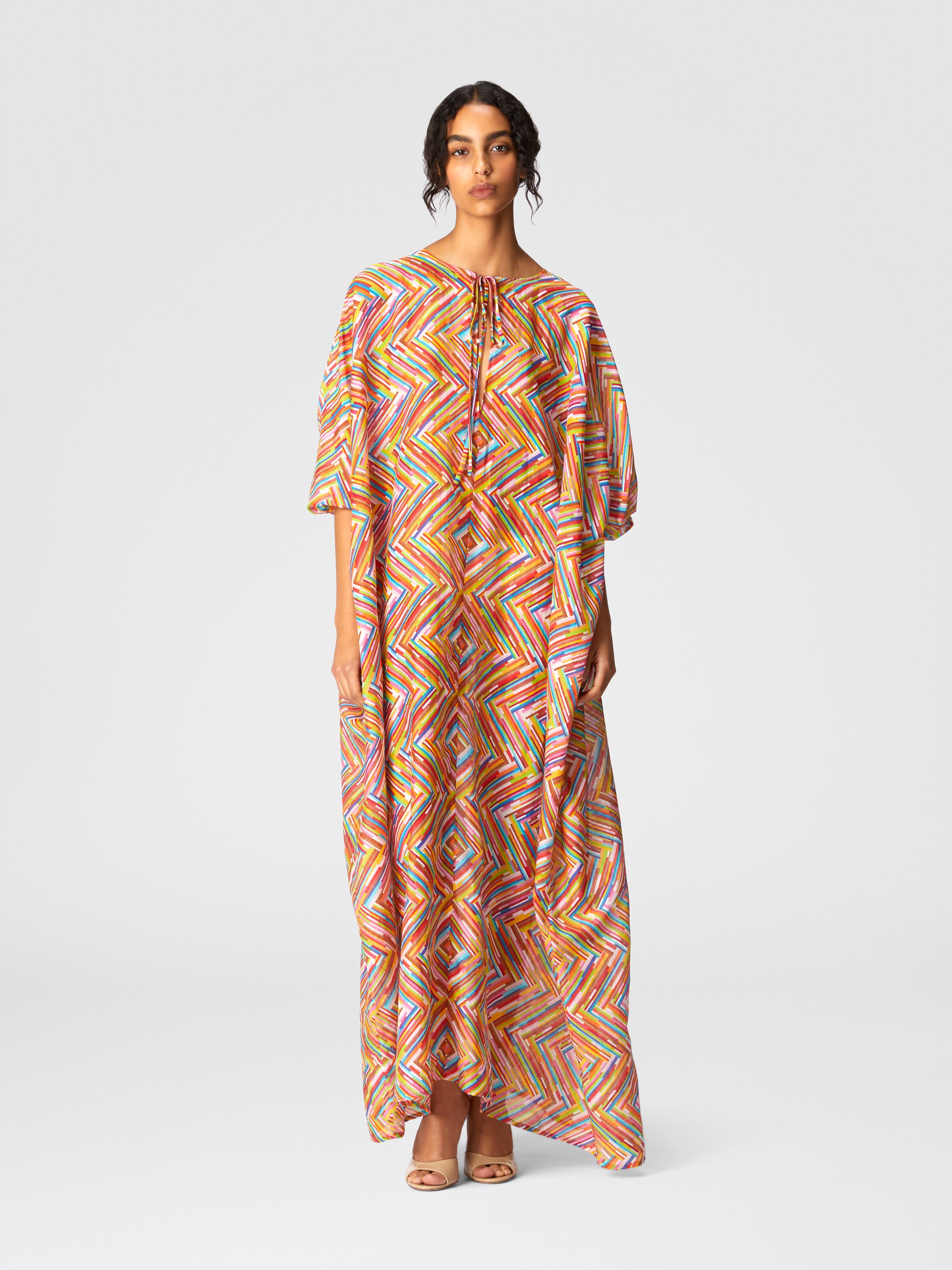 Caftan long en coton et soie mélangés imprimés, Multicolore  - 1
