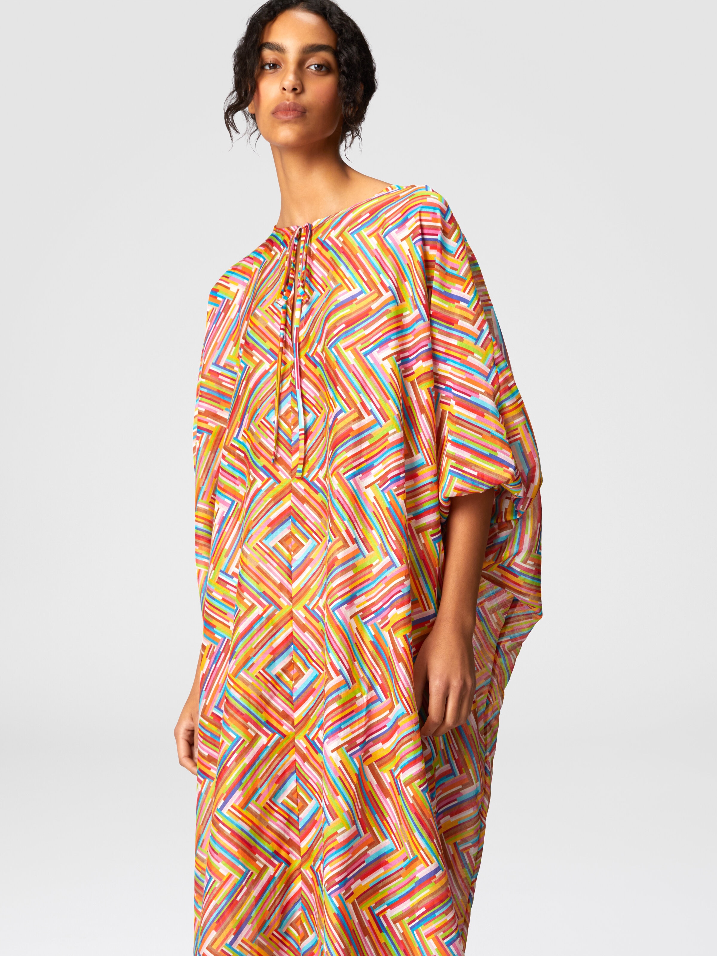 Caftan long en coton et soie mélangés imprimés, Multicolore  - 3