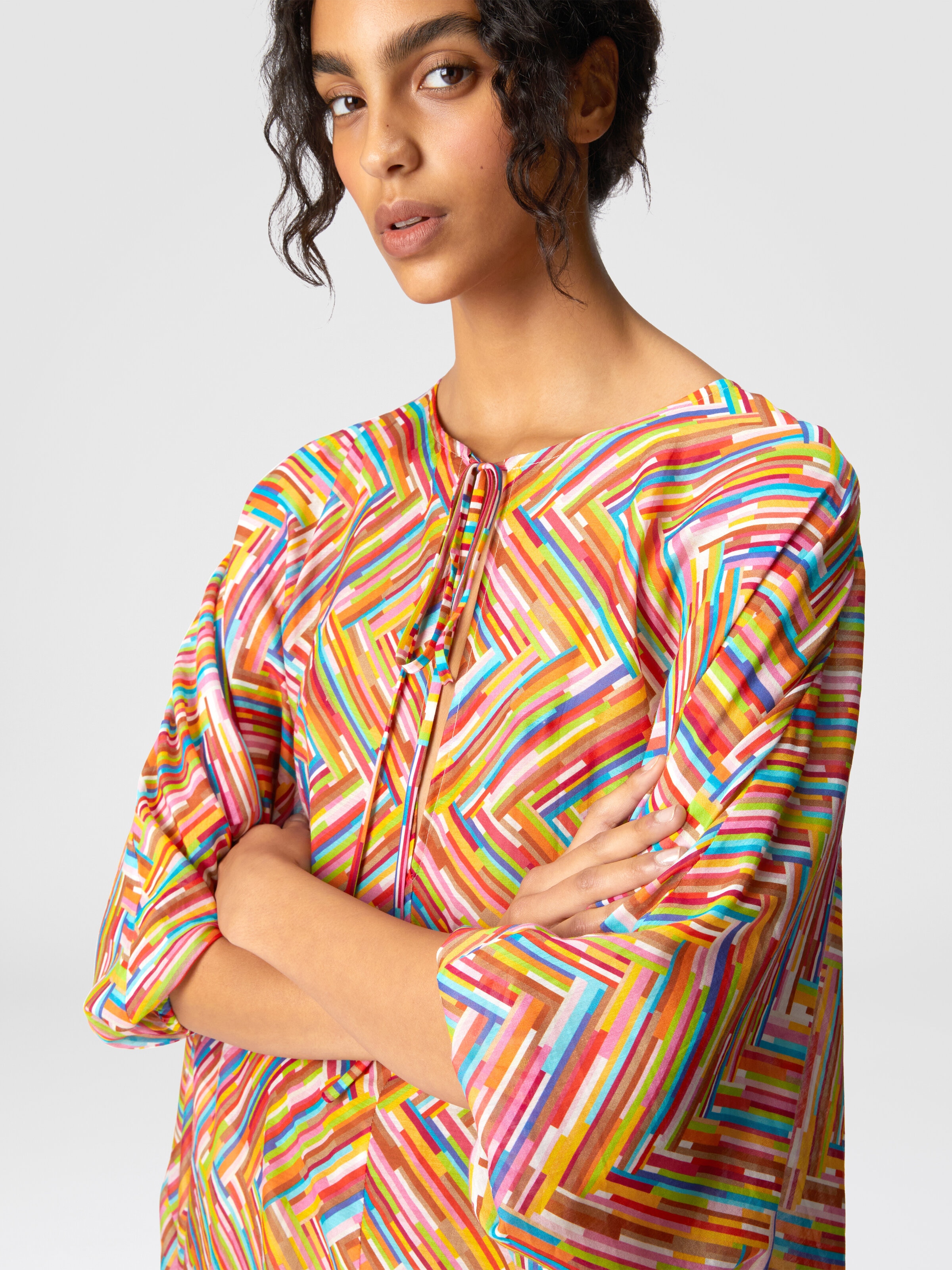 Caftan long en coton et soie mélangés imprimés, Multicolore  - 4
