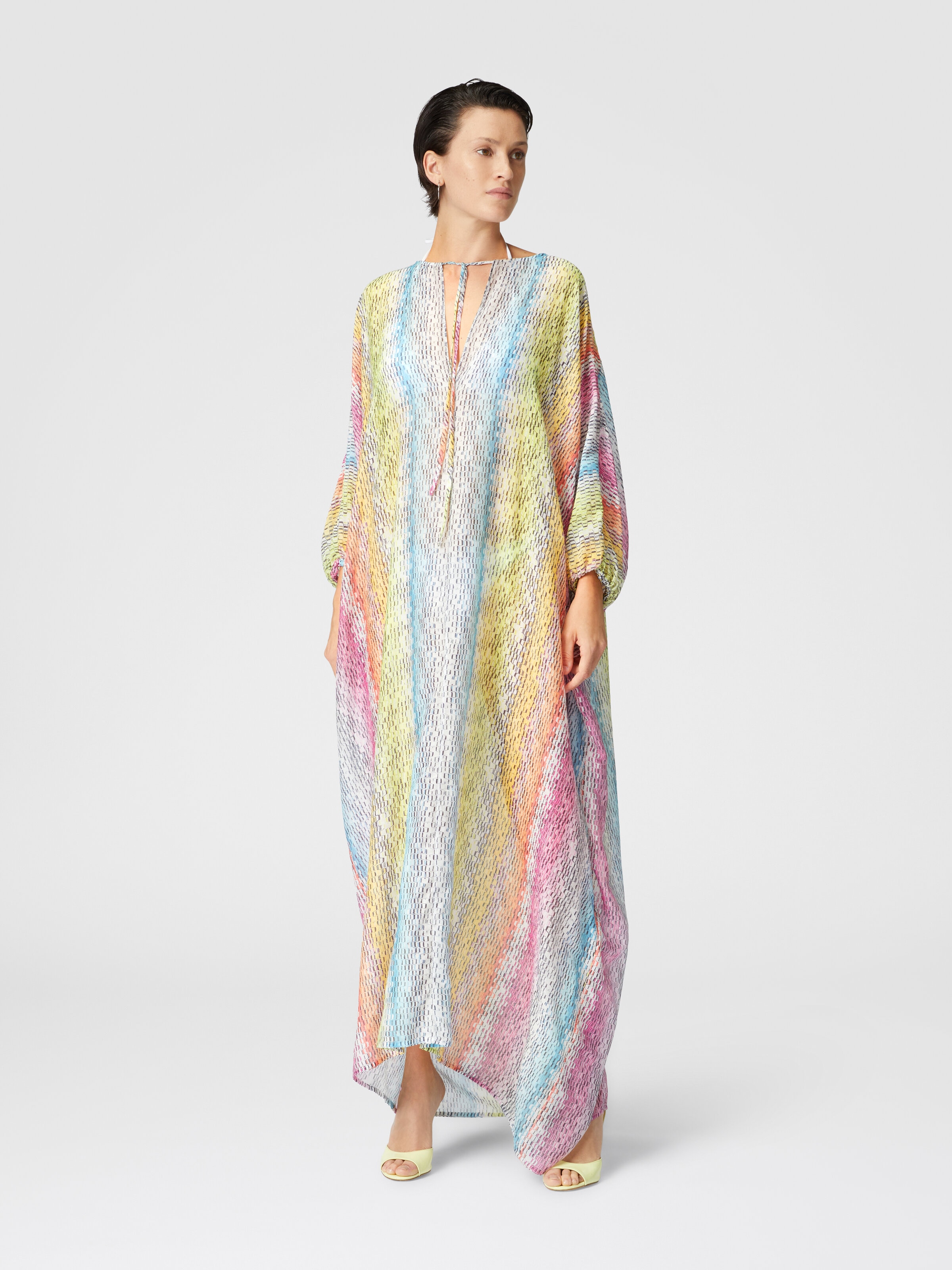 Long kaftan in printed cotton and silk blend, Multicoloured  - 1