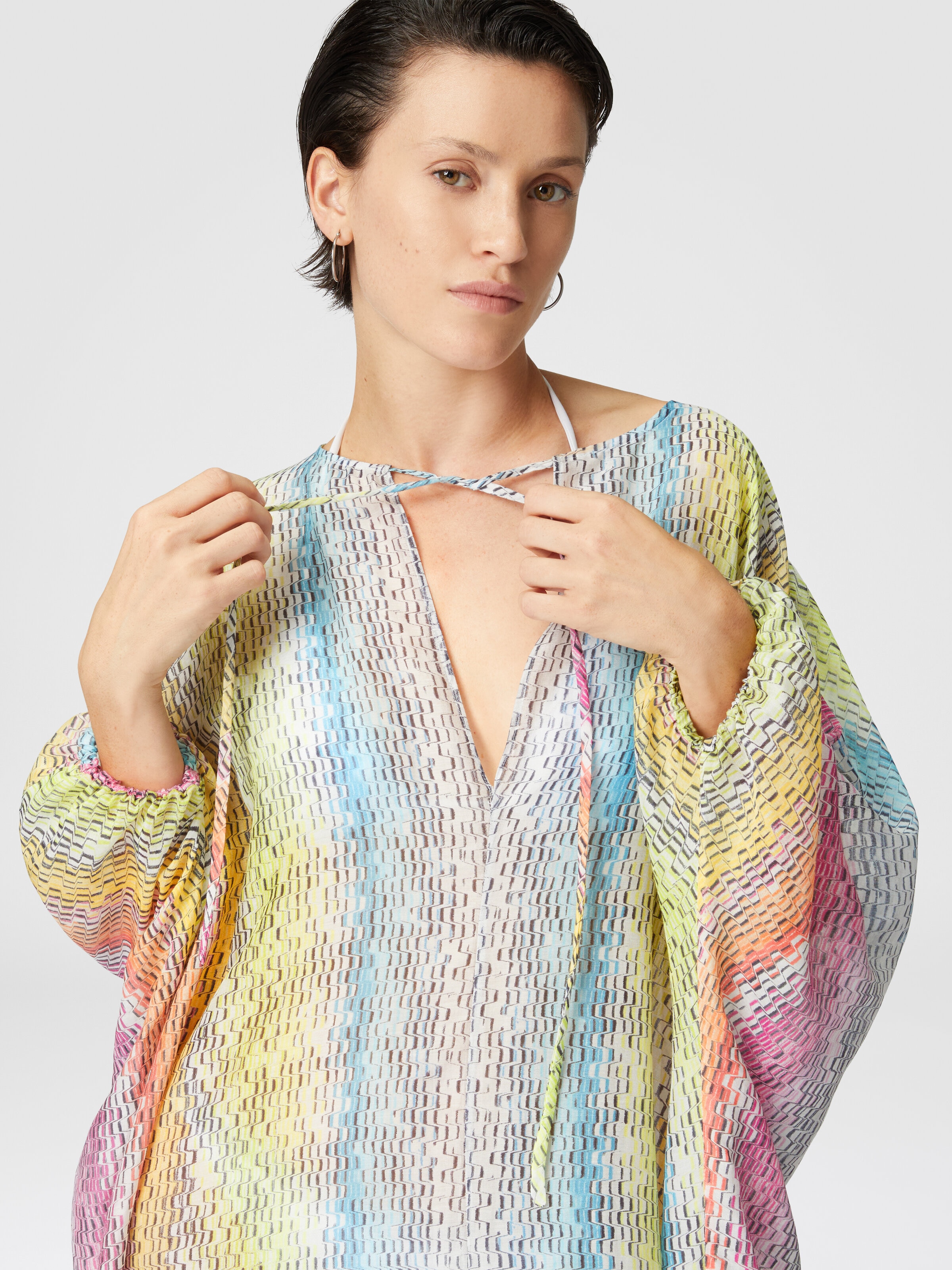 Long kaftan in printed cotton and silk blend, Multicoloured  - 3