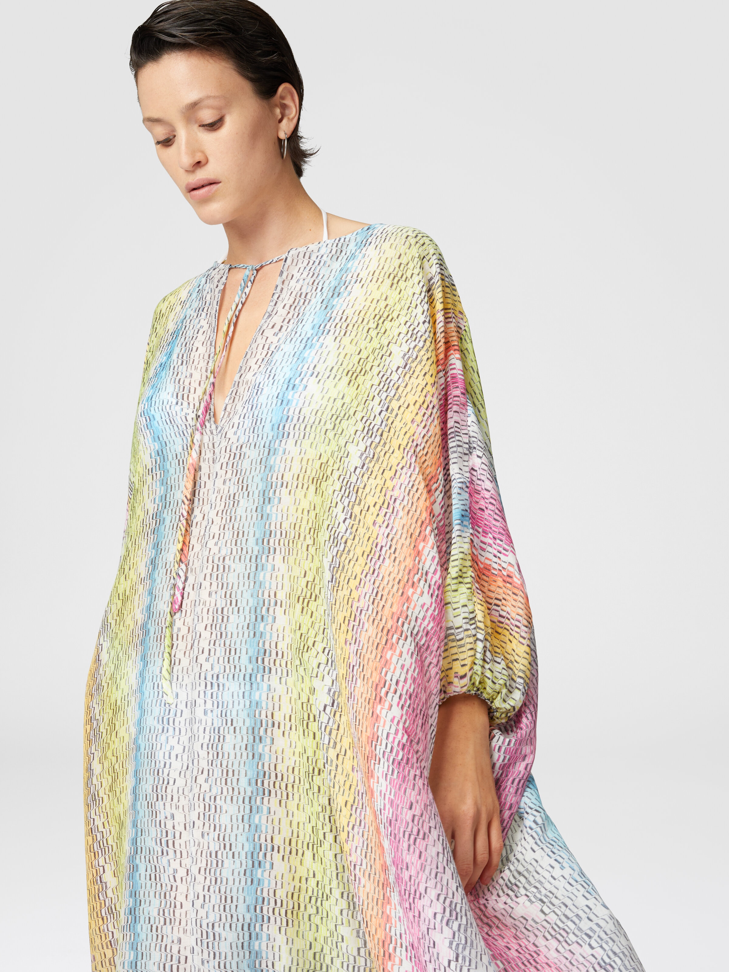 Long kaftan in printed cotton and silk blend, Multicoloured  - 4