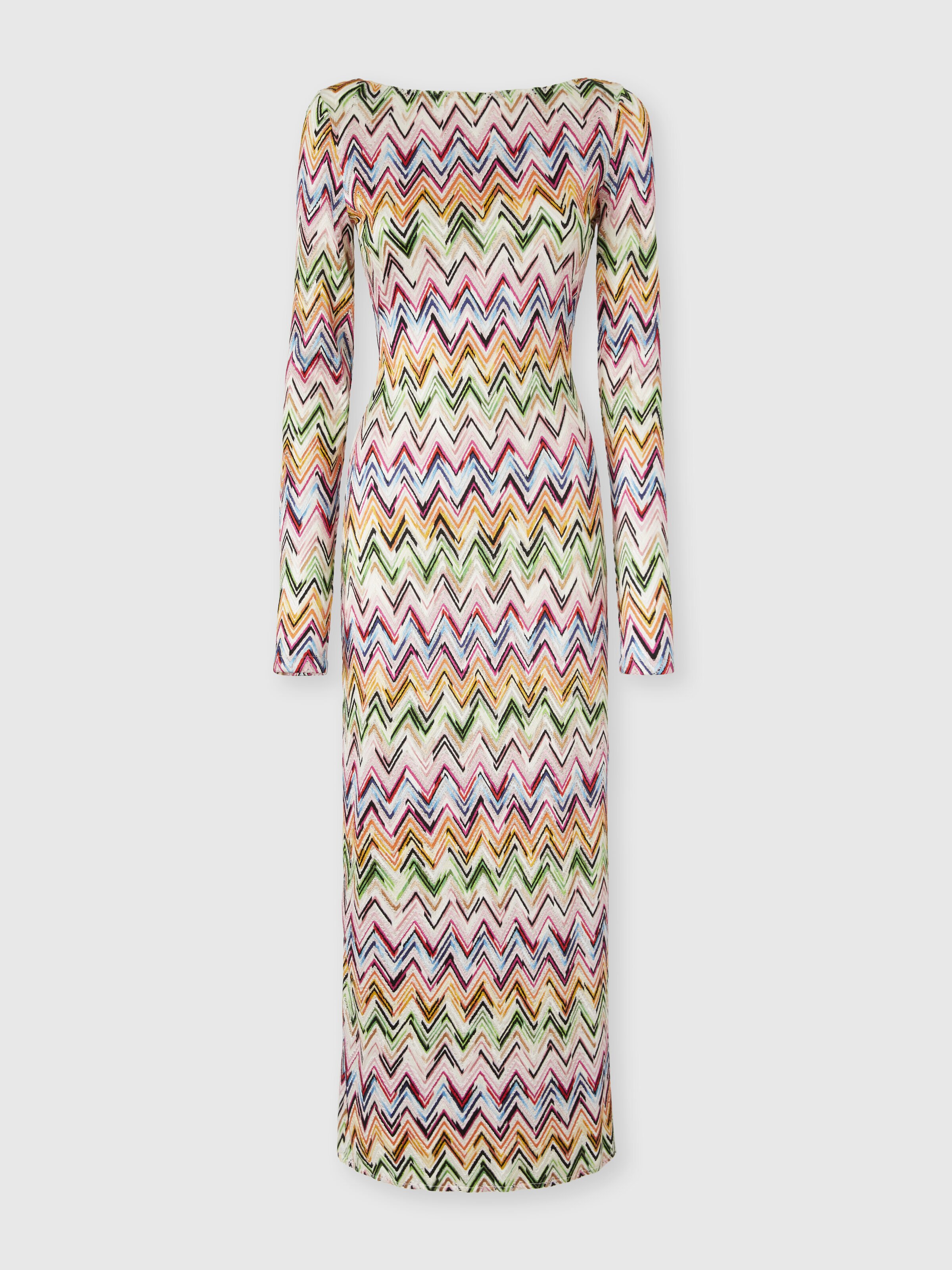 Vestido de manga larga en viscosa elástica con motivo de encaje y zigzag, Multicolor  - 0