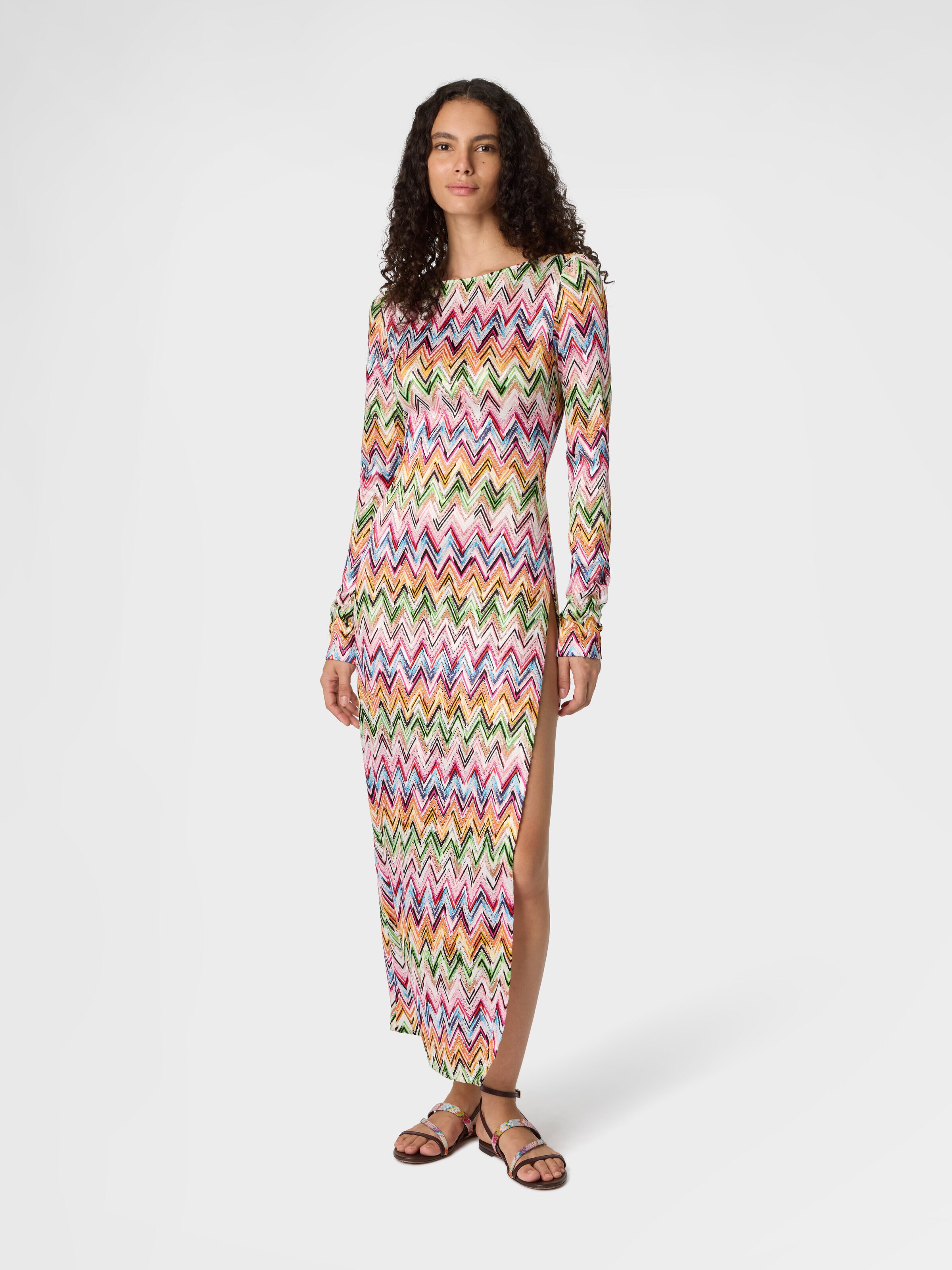 Vestido de manga larga en viscosa elástica con motivo de encaje y zigzag, Multicolor  - 1
