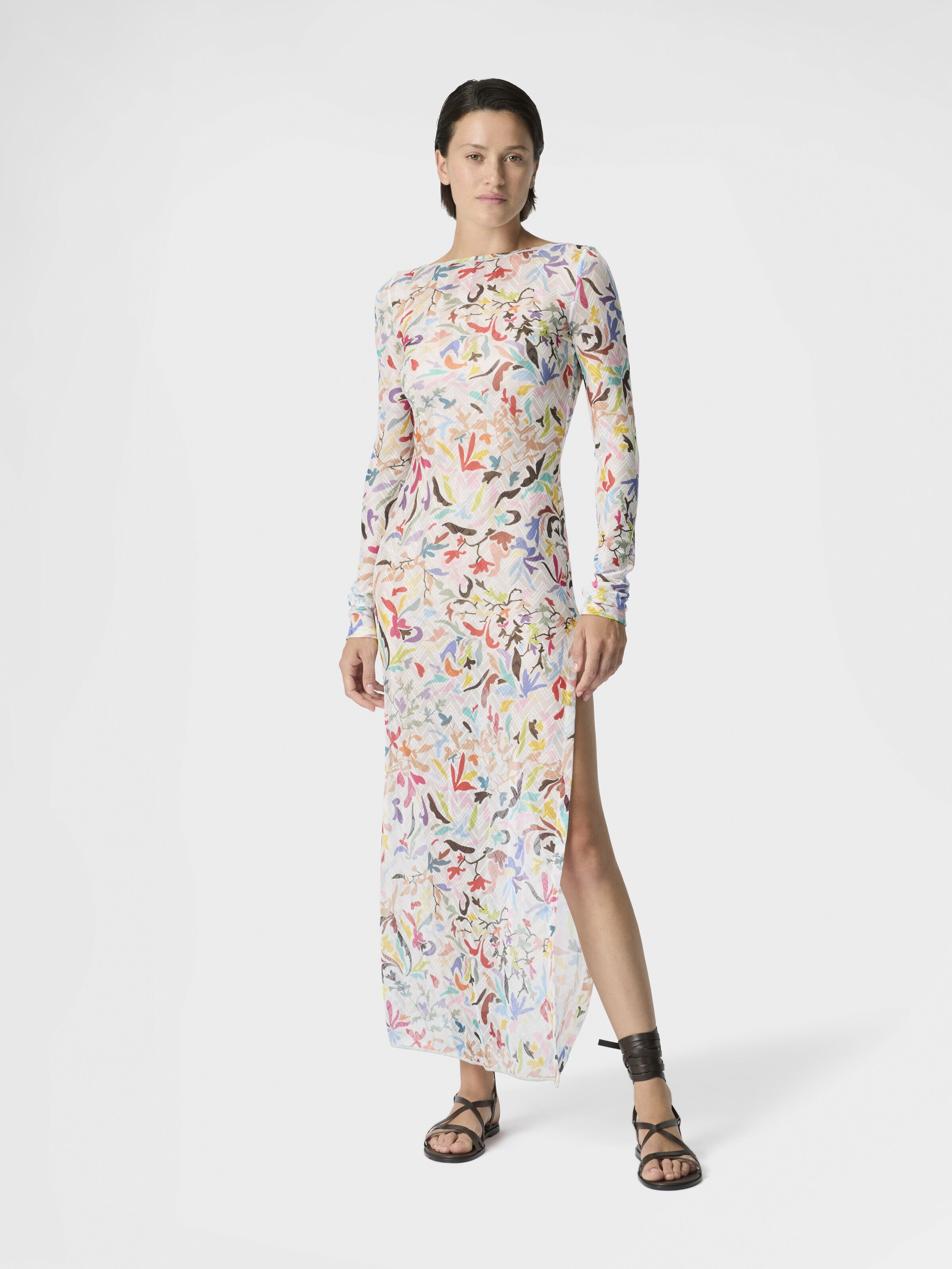 Vestido de manga larga en tul estampado con motivo ramage, Blanco & Multicolor - 1