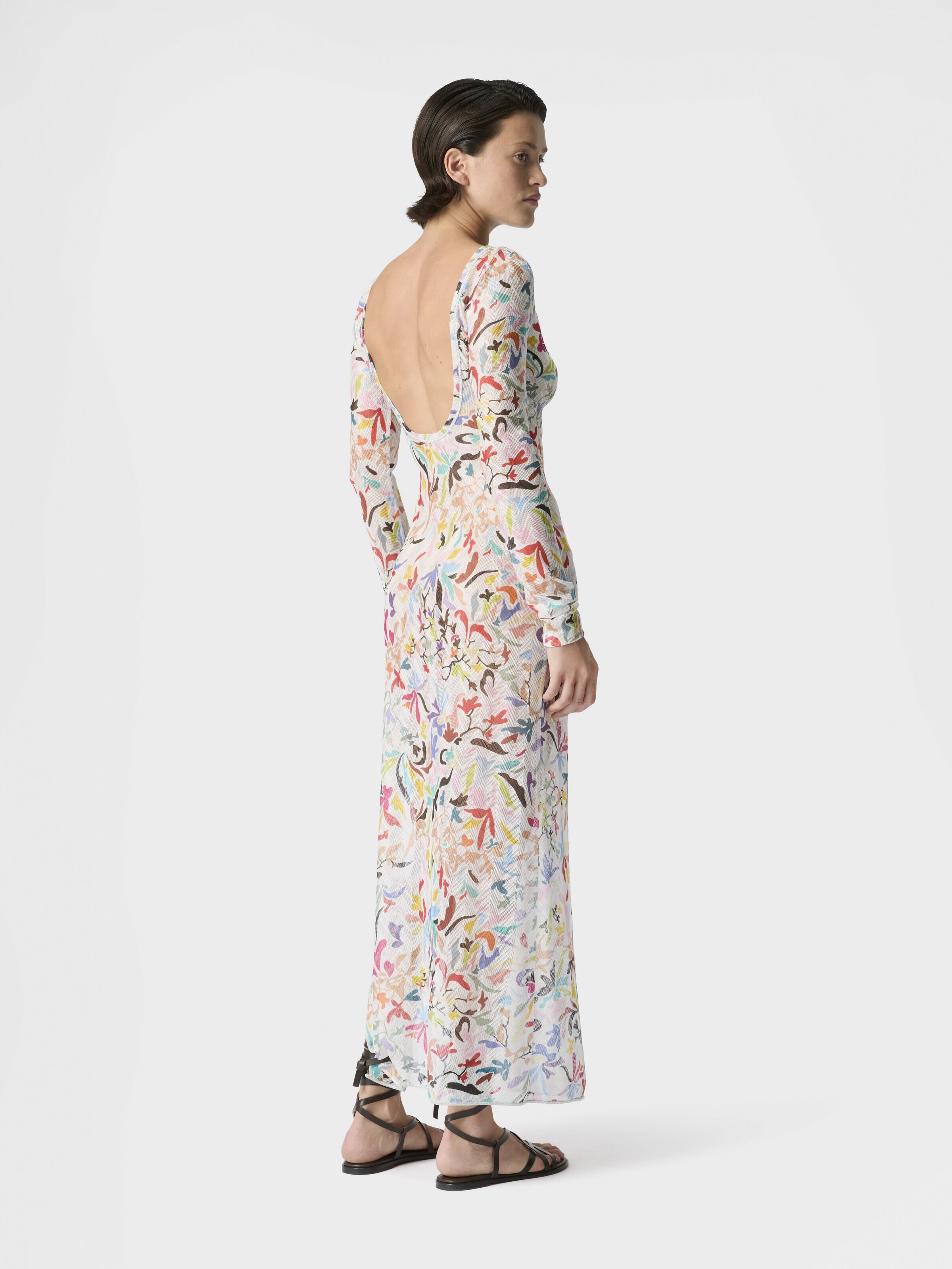 Vestido de manga larga en tul estampado con motivo ramage, Blanco & Multicolor - 2