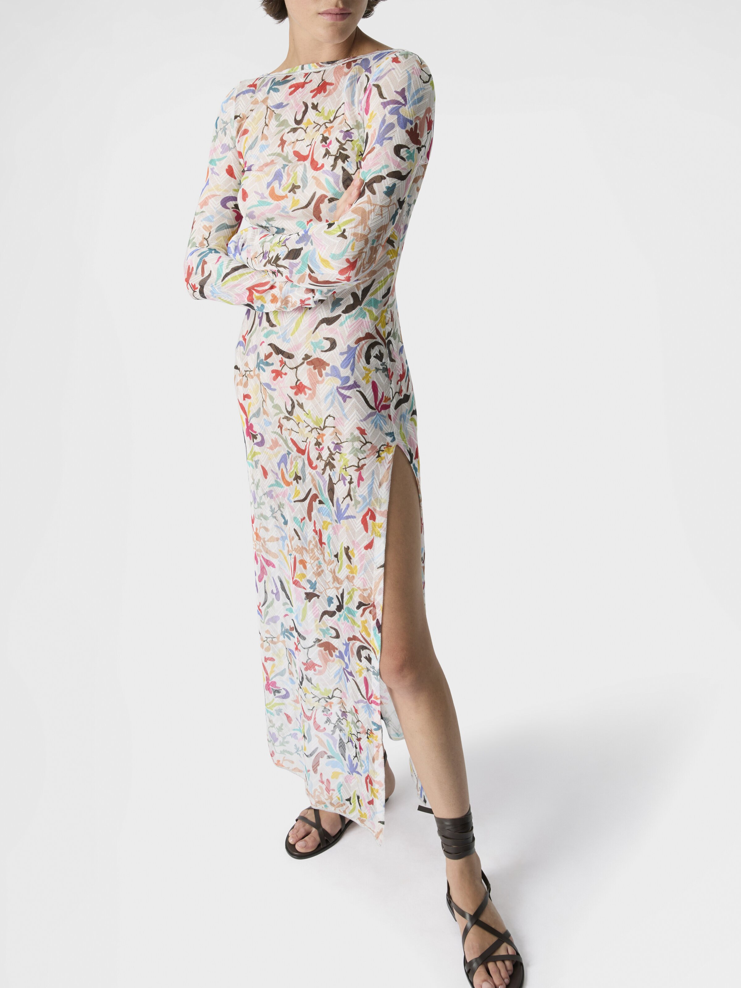 Vestido de manga larga en tul estampado con motivo ramage, Blanco & Multicolor - 4