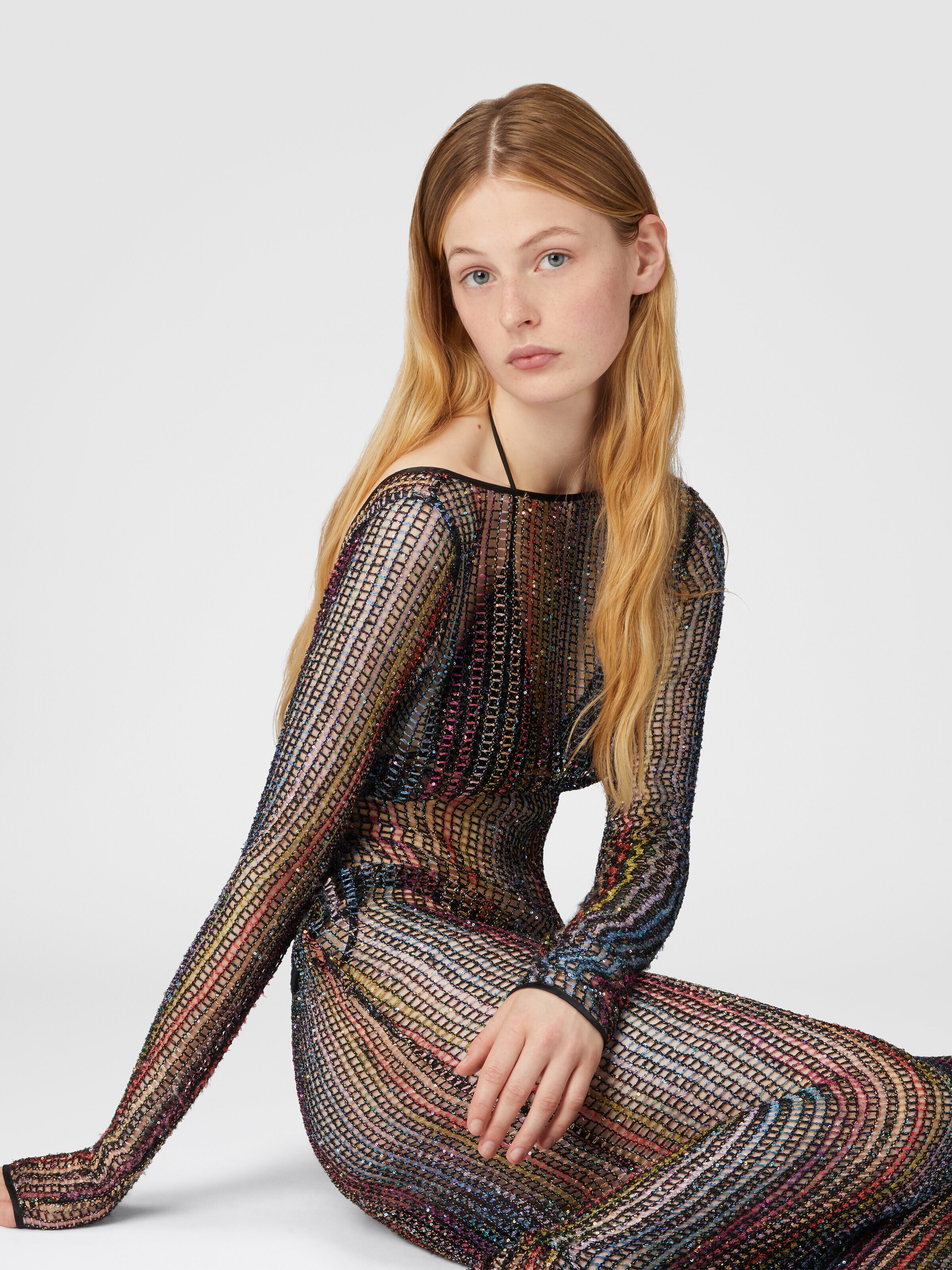 Long cover-up in mesh with open back, Multicoloured  - 3