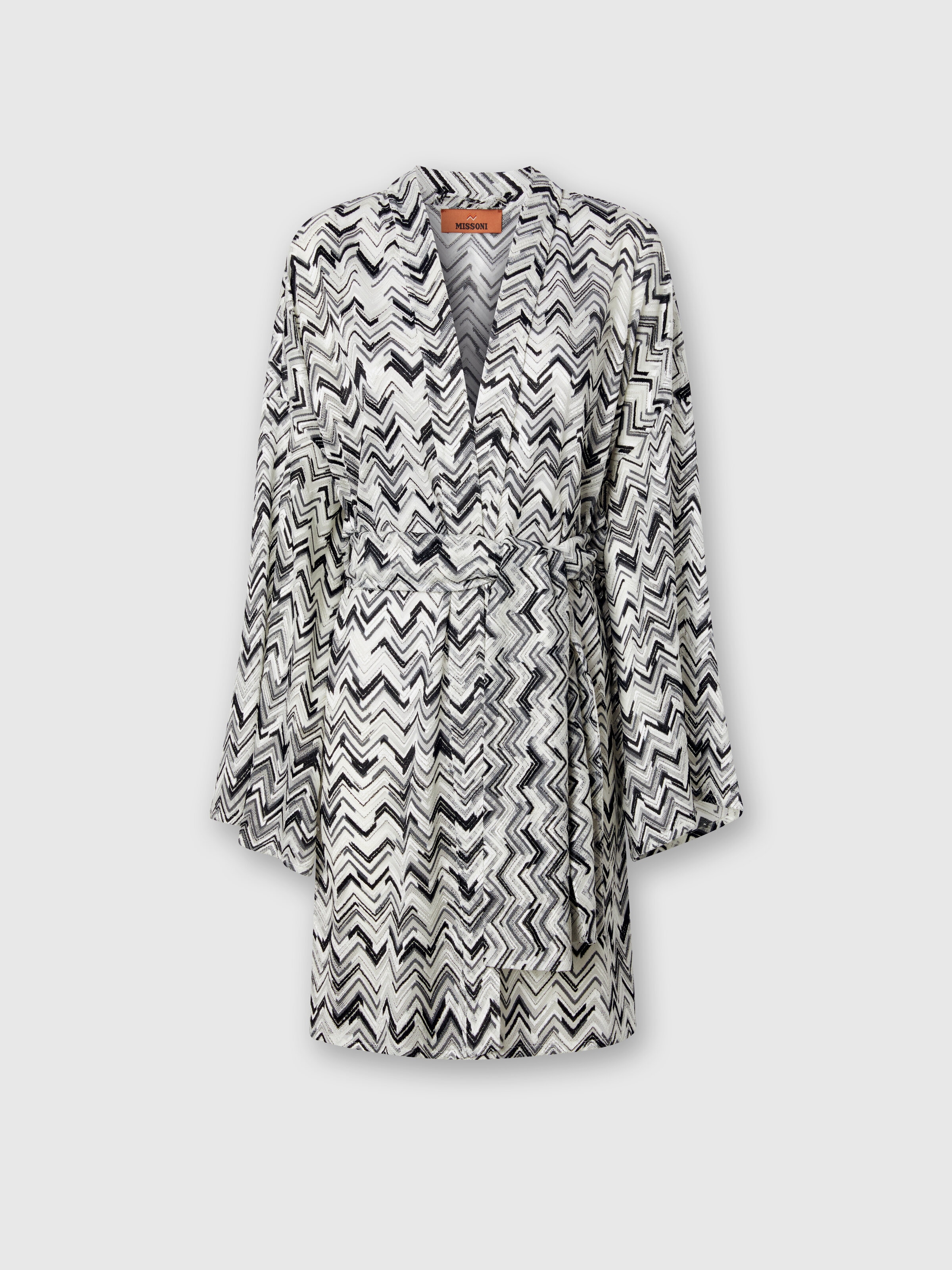 Kimono flameado en zigzag de mezcla de viscosa con cinturón, Negro - 0