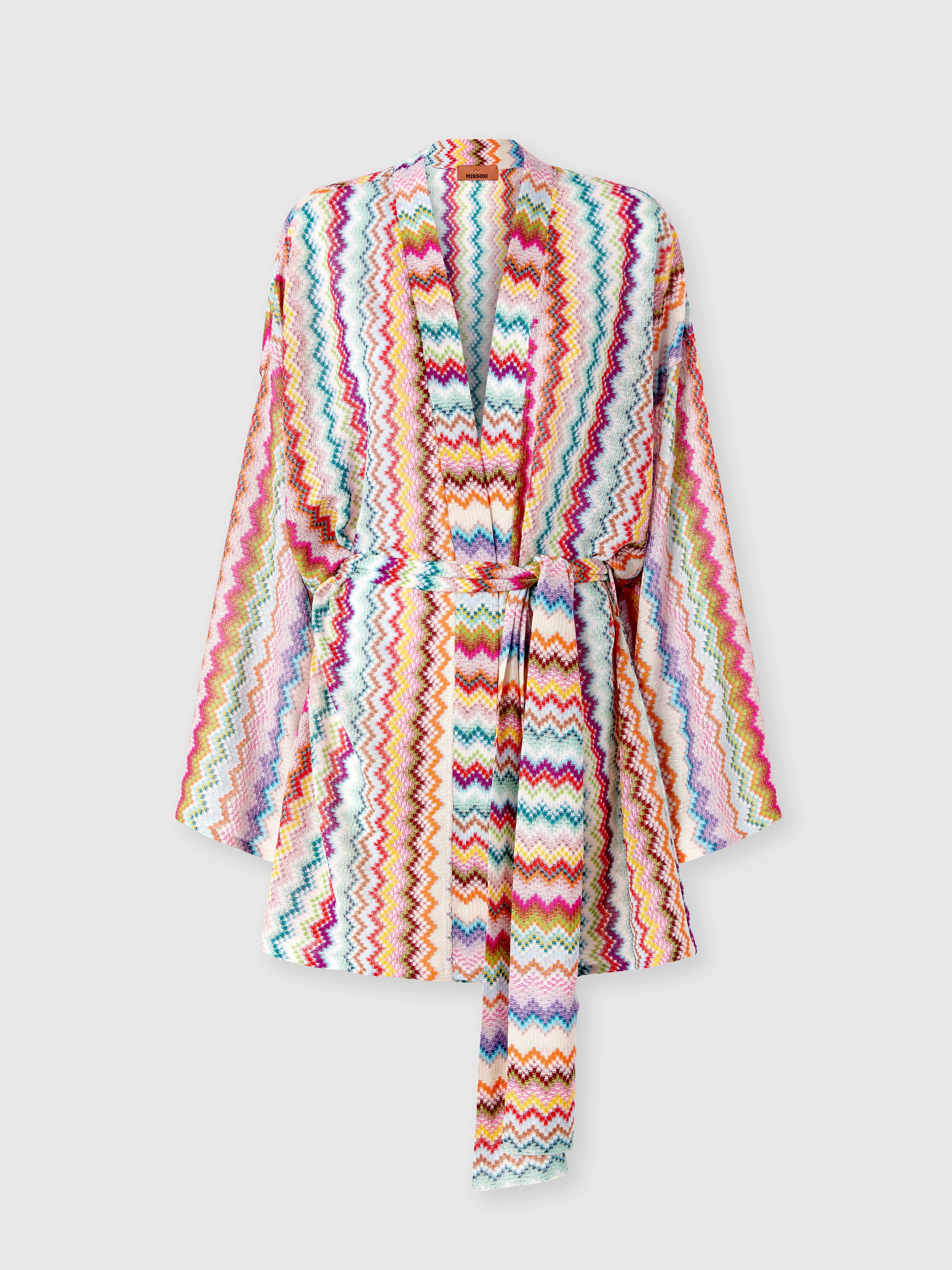 Kimono court de plage en viscose lamé à motif zigzag effet pixel, Multicolore  - 0