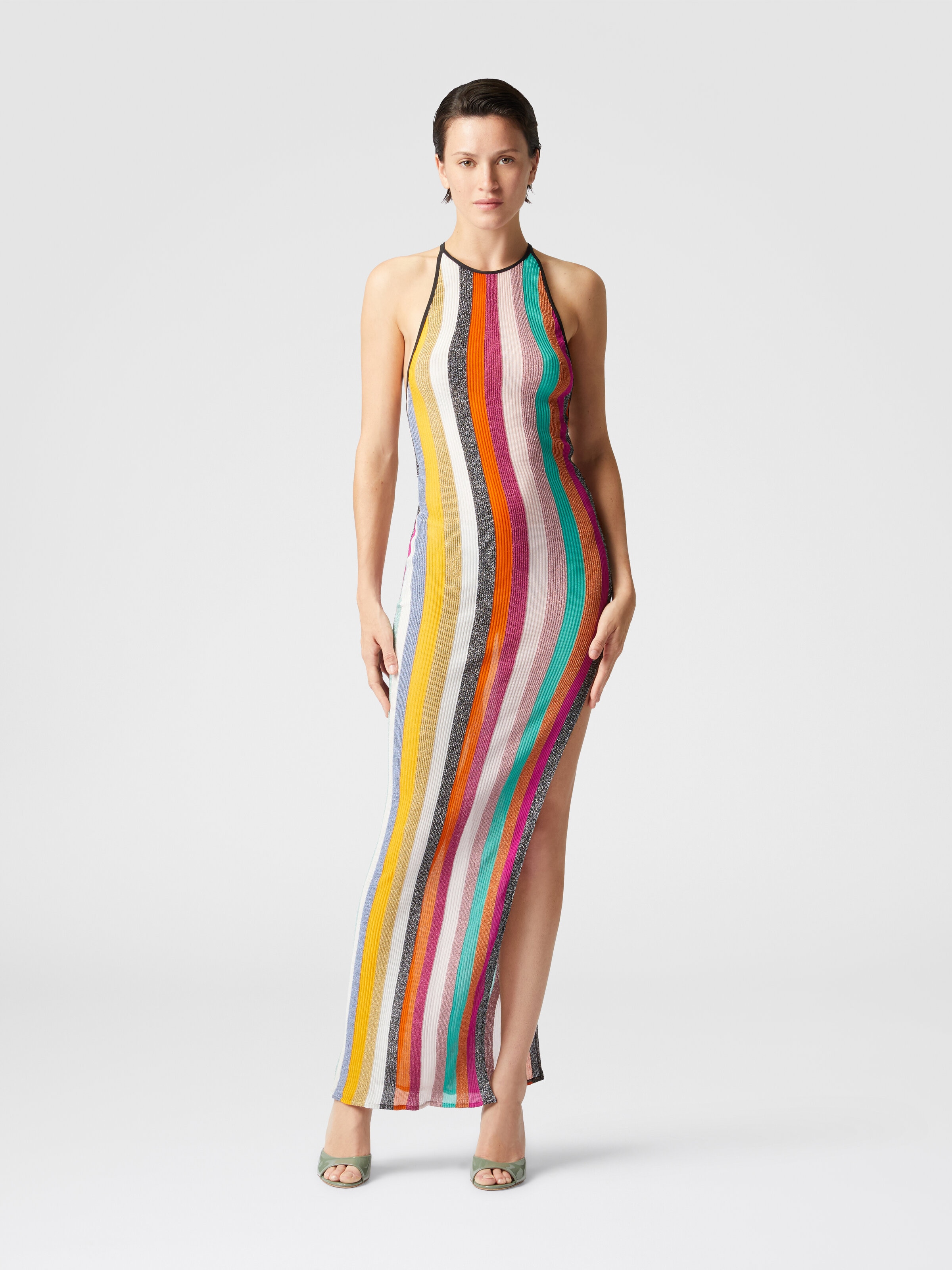 Long dress in striped ribbed knit lamé, Multicoloured  - 1