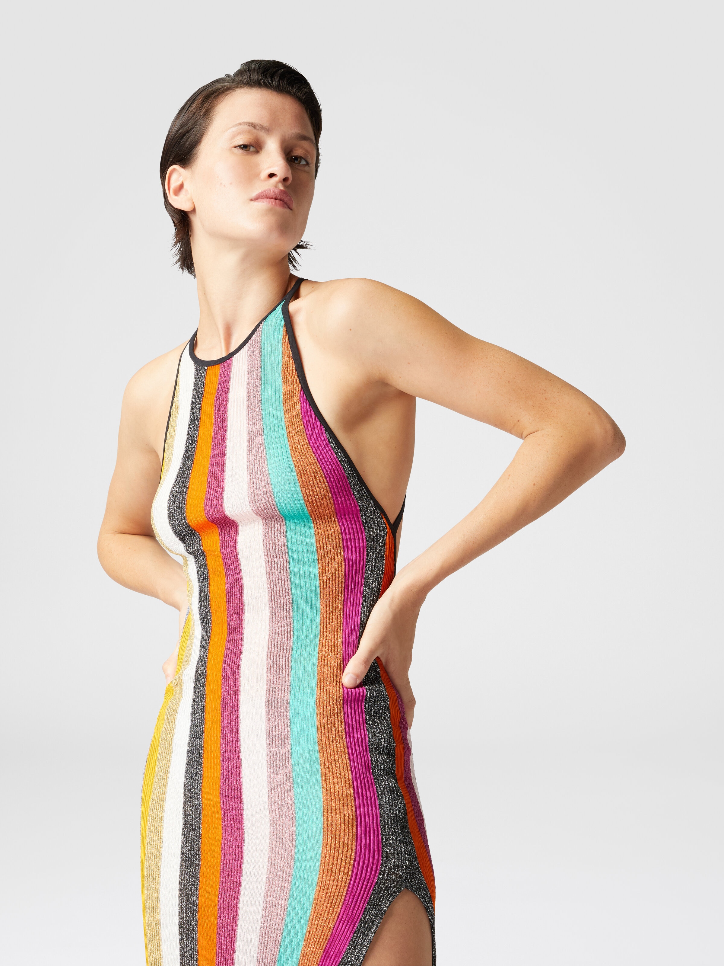 Long dress in striped ribbed knit lamé, Multicoloured  - 3