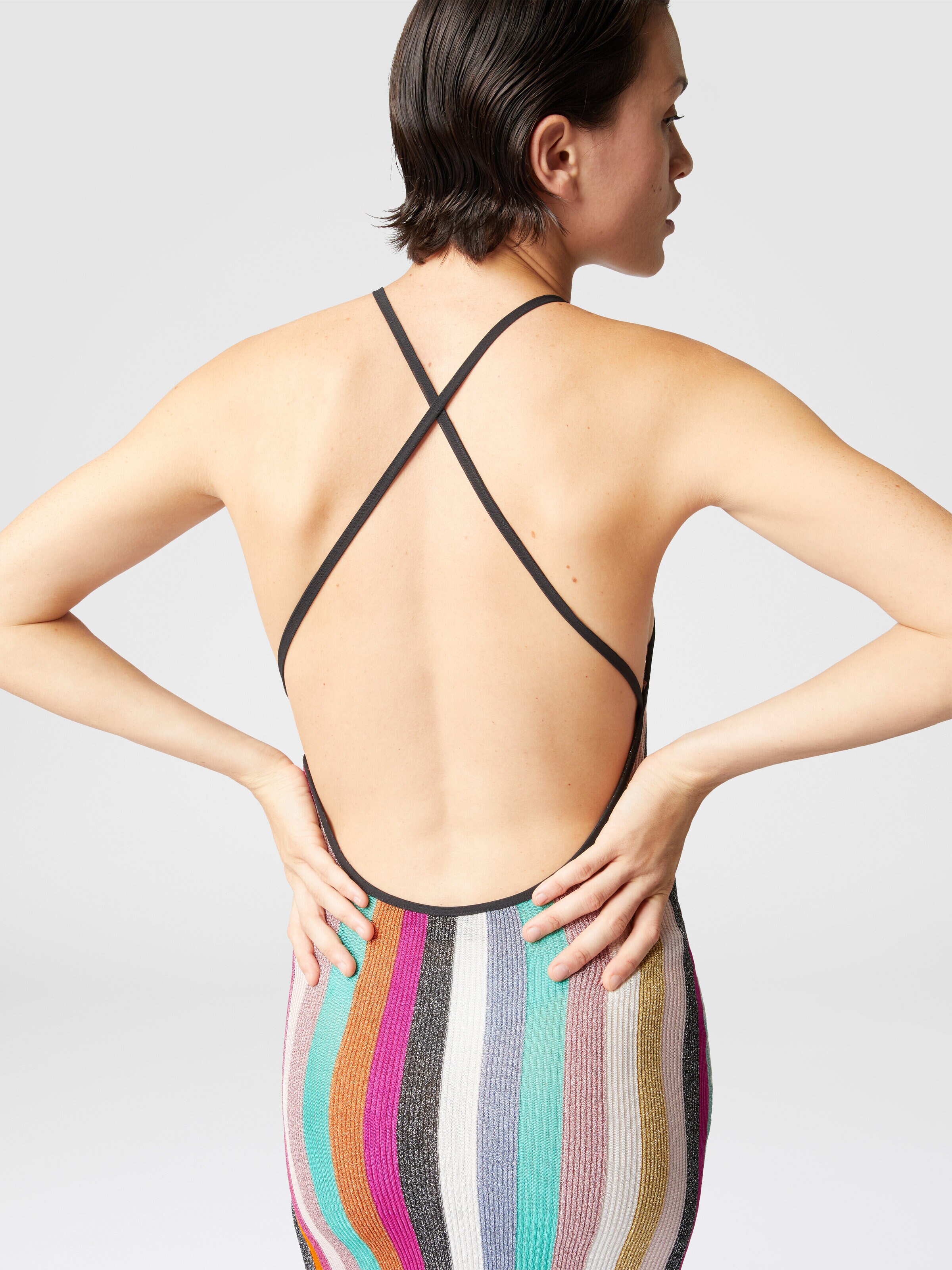Long dress in striped ribbed knit lamé, Multicoloured  - 4
