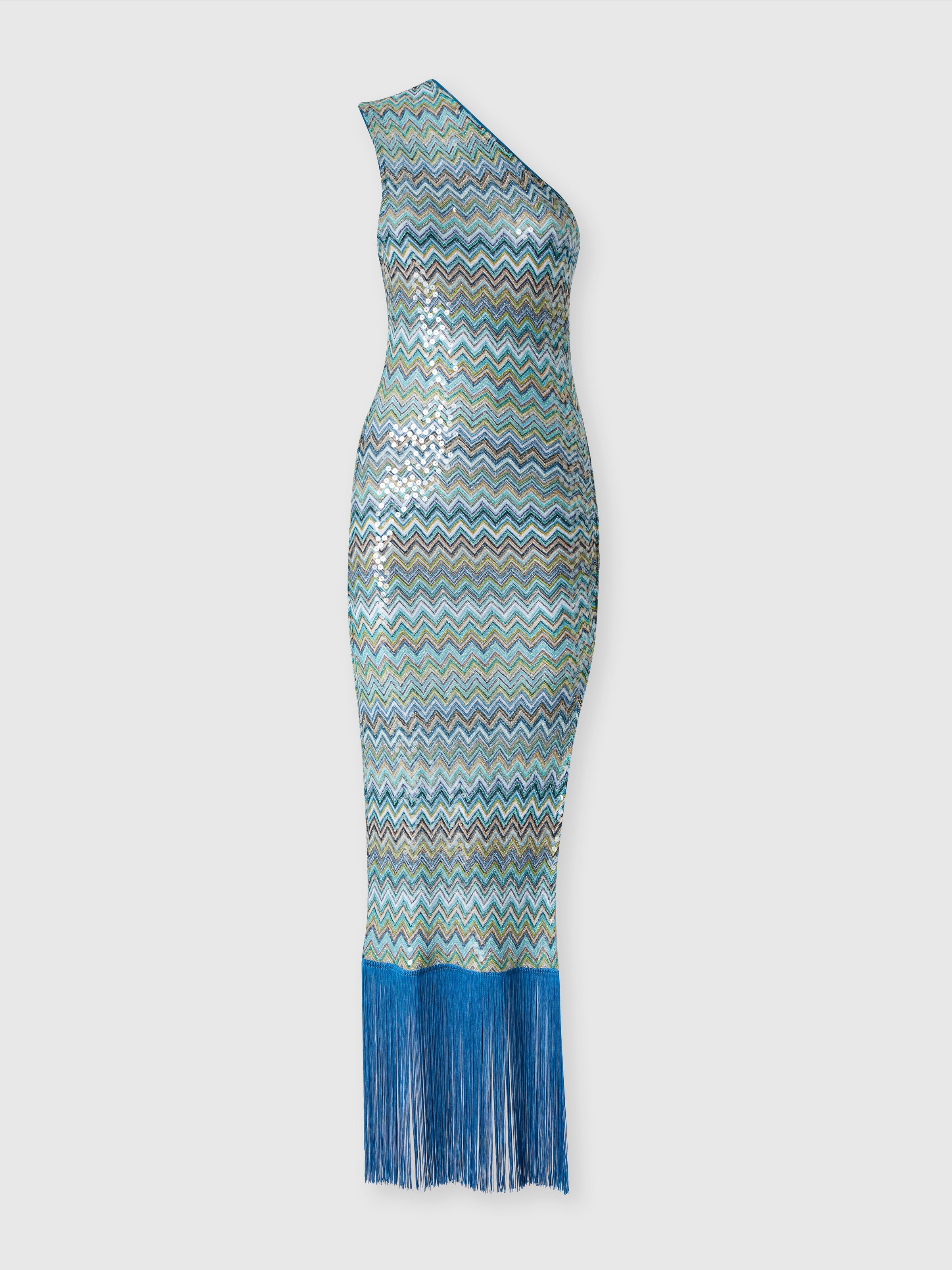 Long one-shoulder cover-up dress in zig zag lamé viscose with sequins and fringes, Multicoloured  - 0