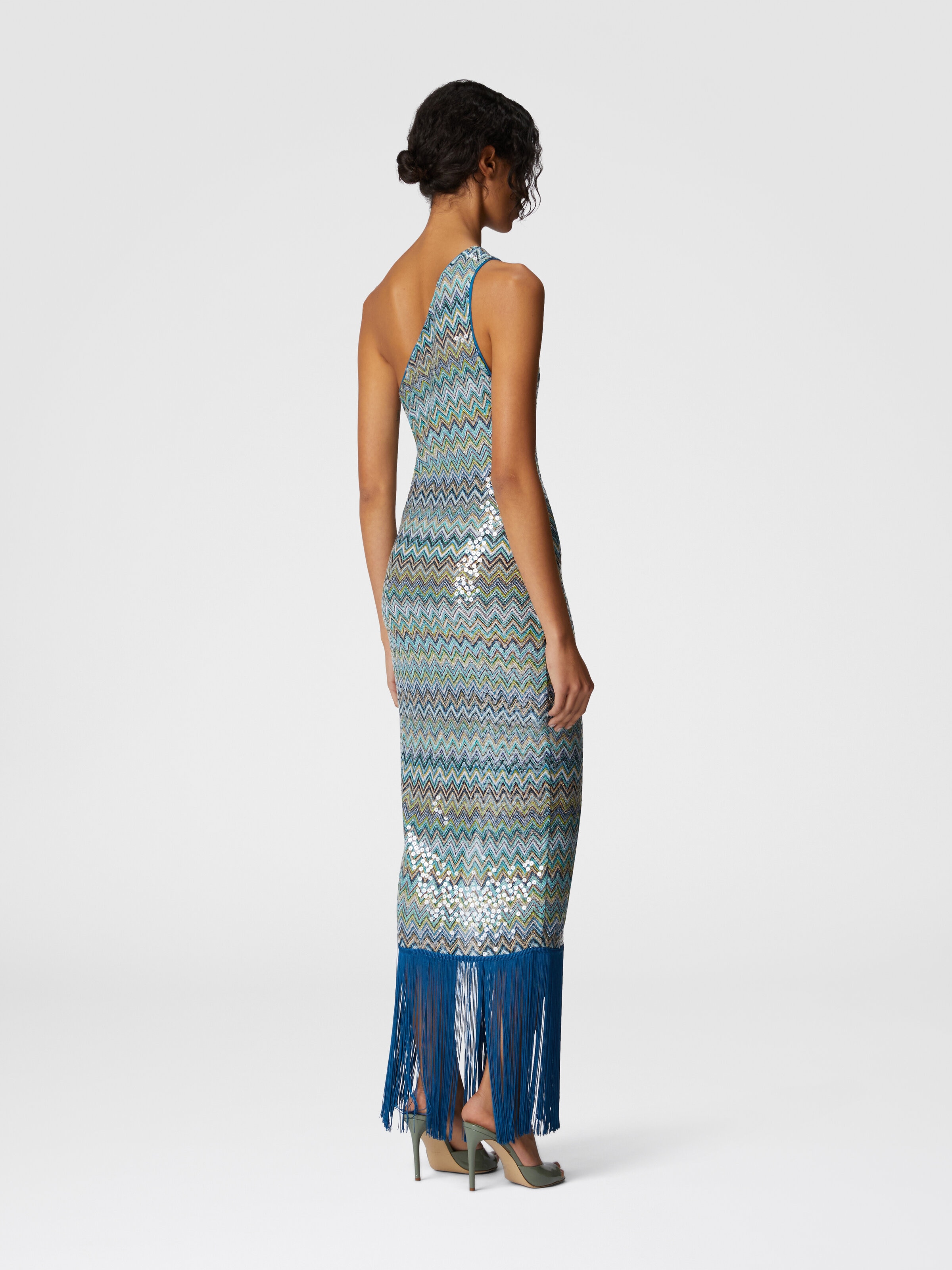 Long one-shoulder cover-up dress in zig zag lamé viscose with sequins and fringes, Multicoloured  - 2