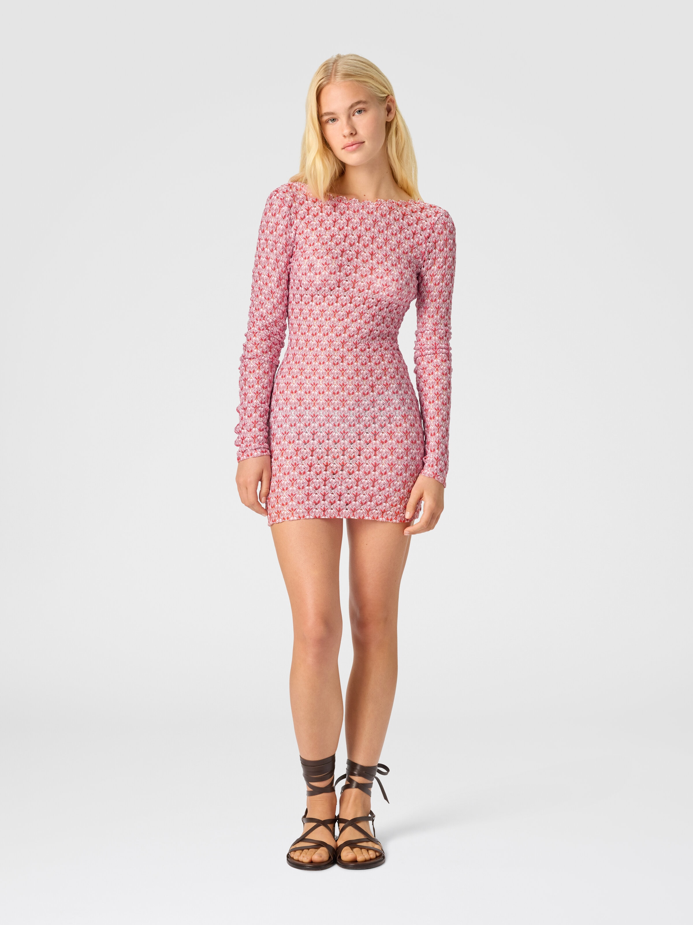 Kurzes Strandkleid mit langen Ärmeln aus Spitze, Rot  - 1