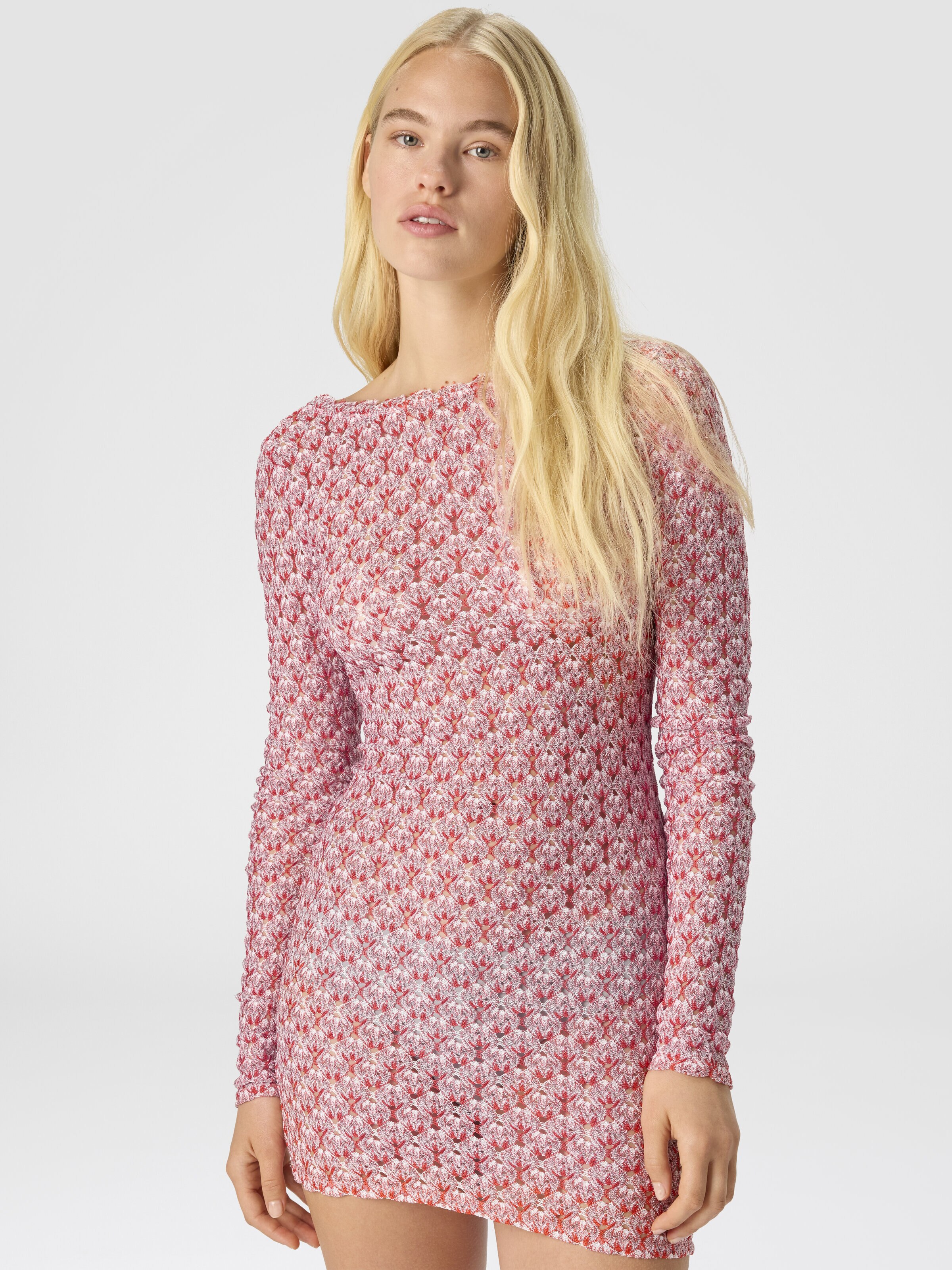 Kurzes Strandkleid mit langen Ärmeln aus Spitze, Rot  - 3