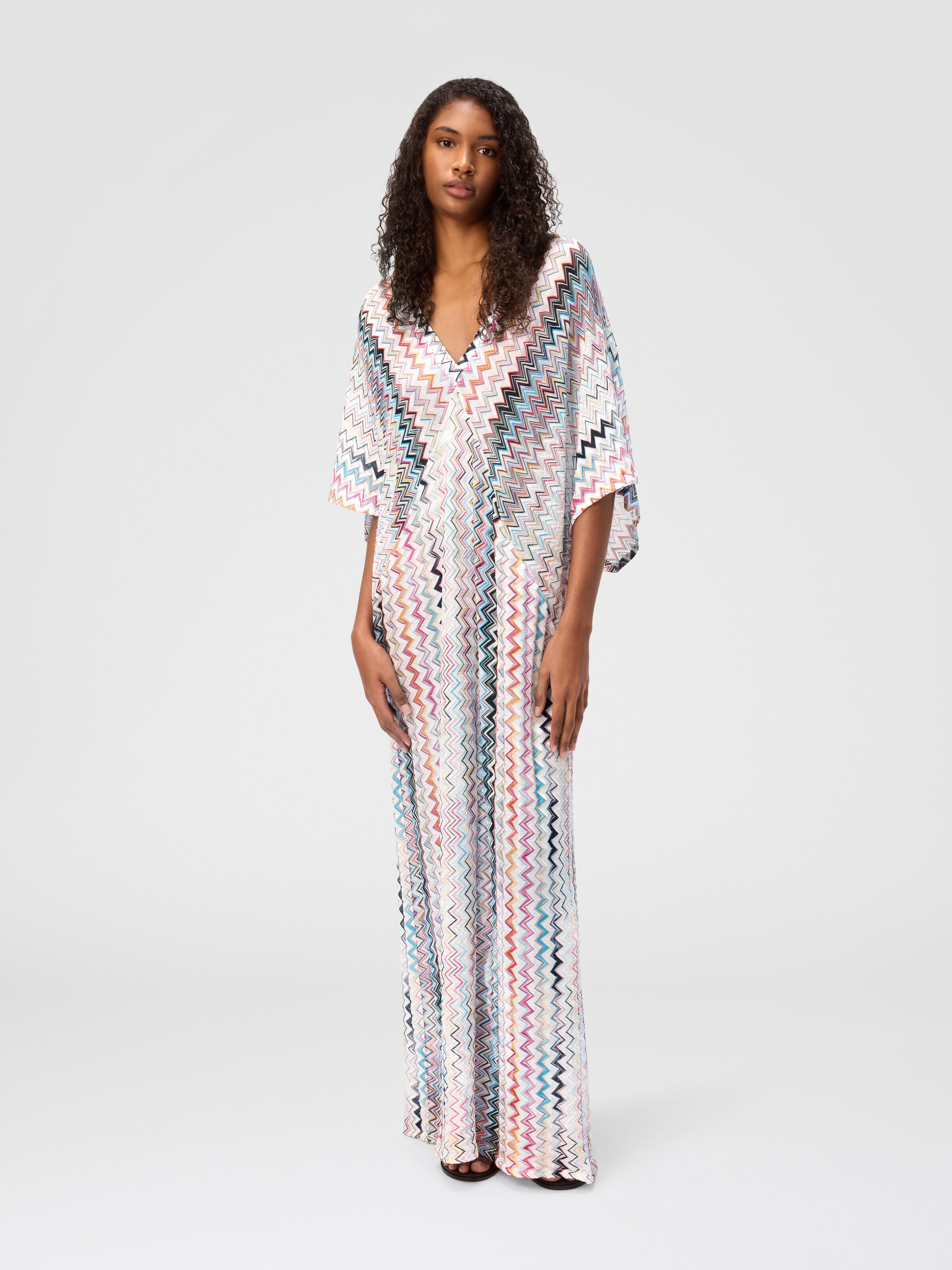 Long caftan with V-neck, Multicoloured  - 1