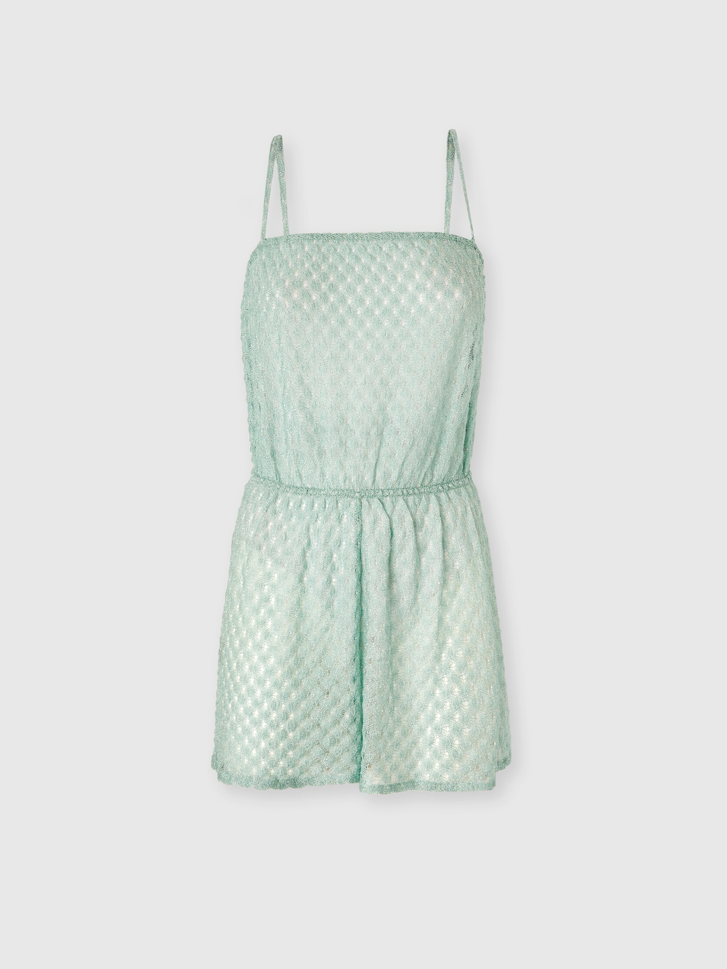Short jumpsuit in lamé viscose with spiderweb motif, Light Blue - 0