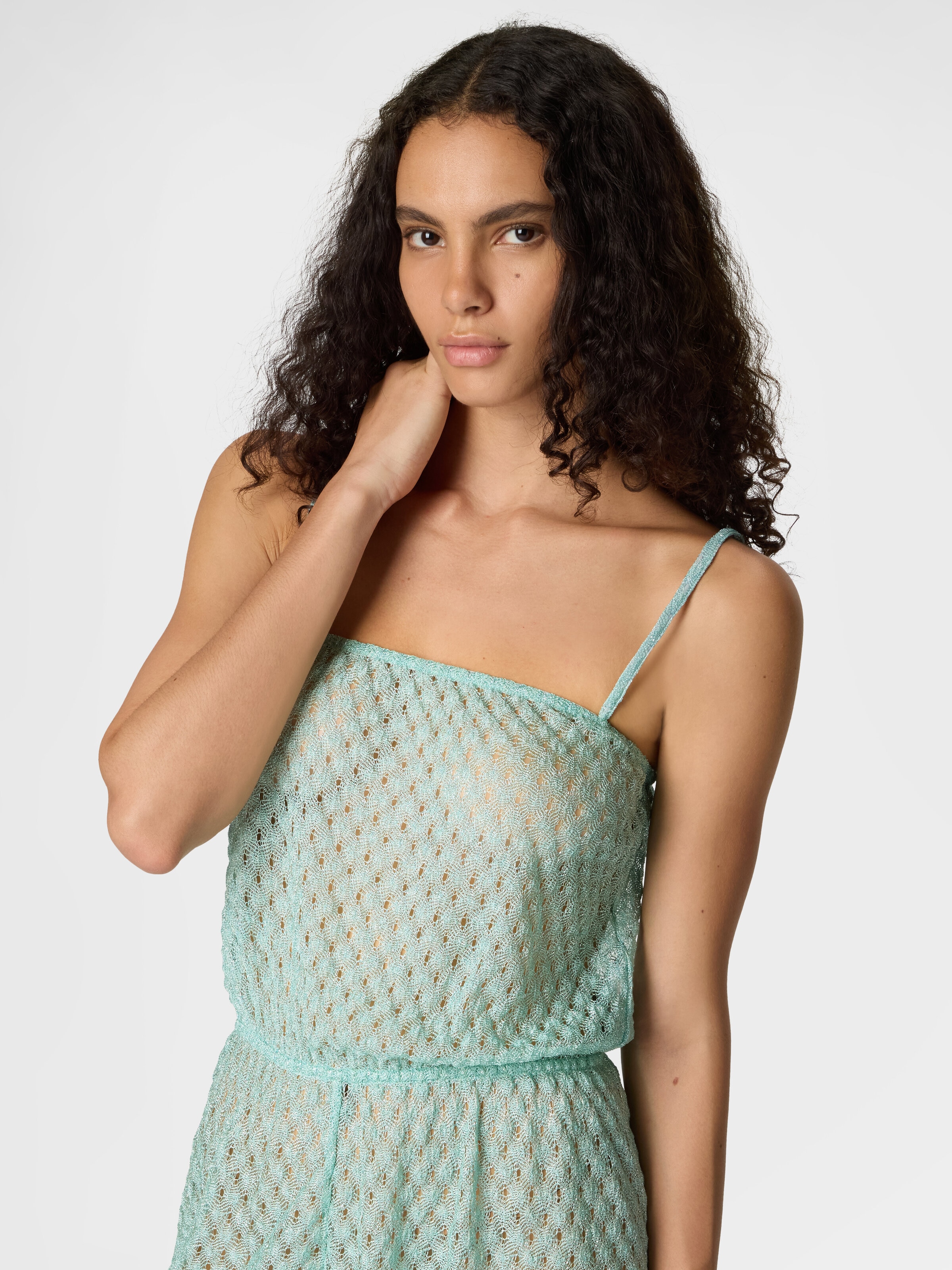 Short jumpsuit in lamé viscose with spiderweb motif, Light Blue - 3