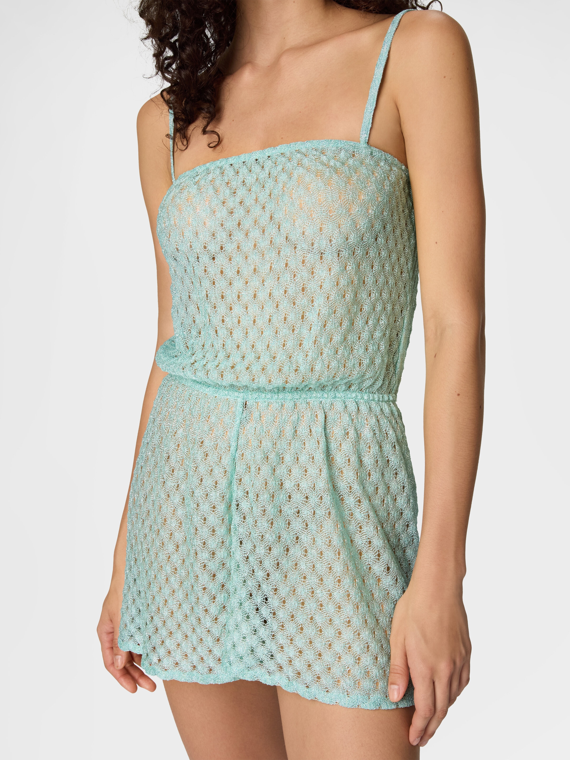 Short jumpsuit in lamé viscose with spiderweb motif, Light Blue - 4