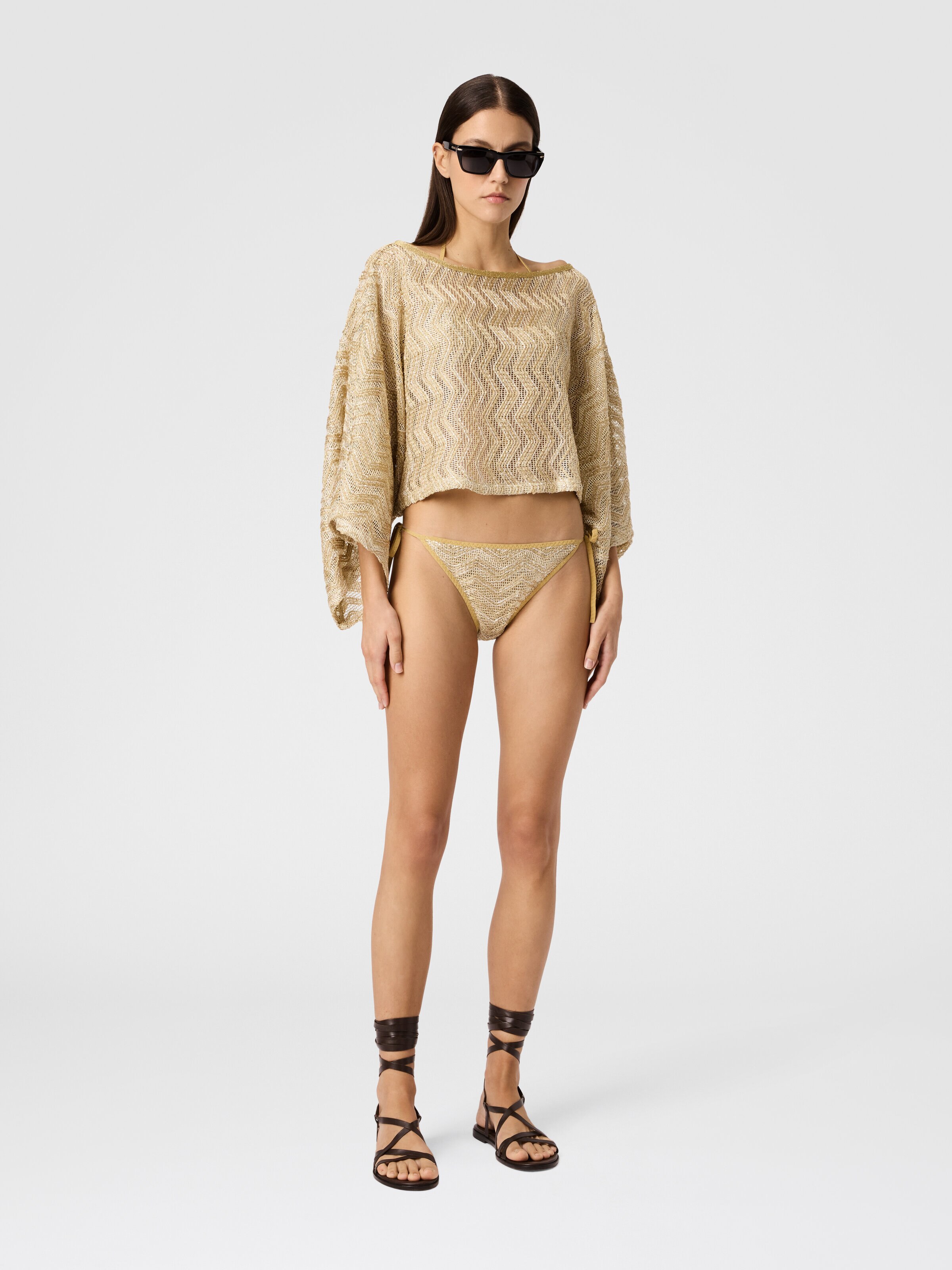 Zigzag mesh top with sequins and wide sleeves, Gold - 1