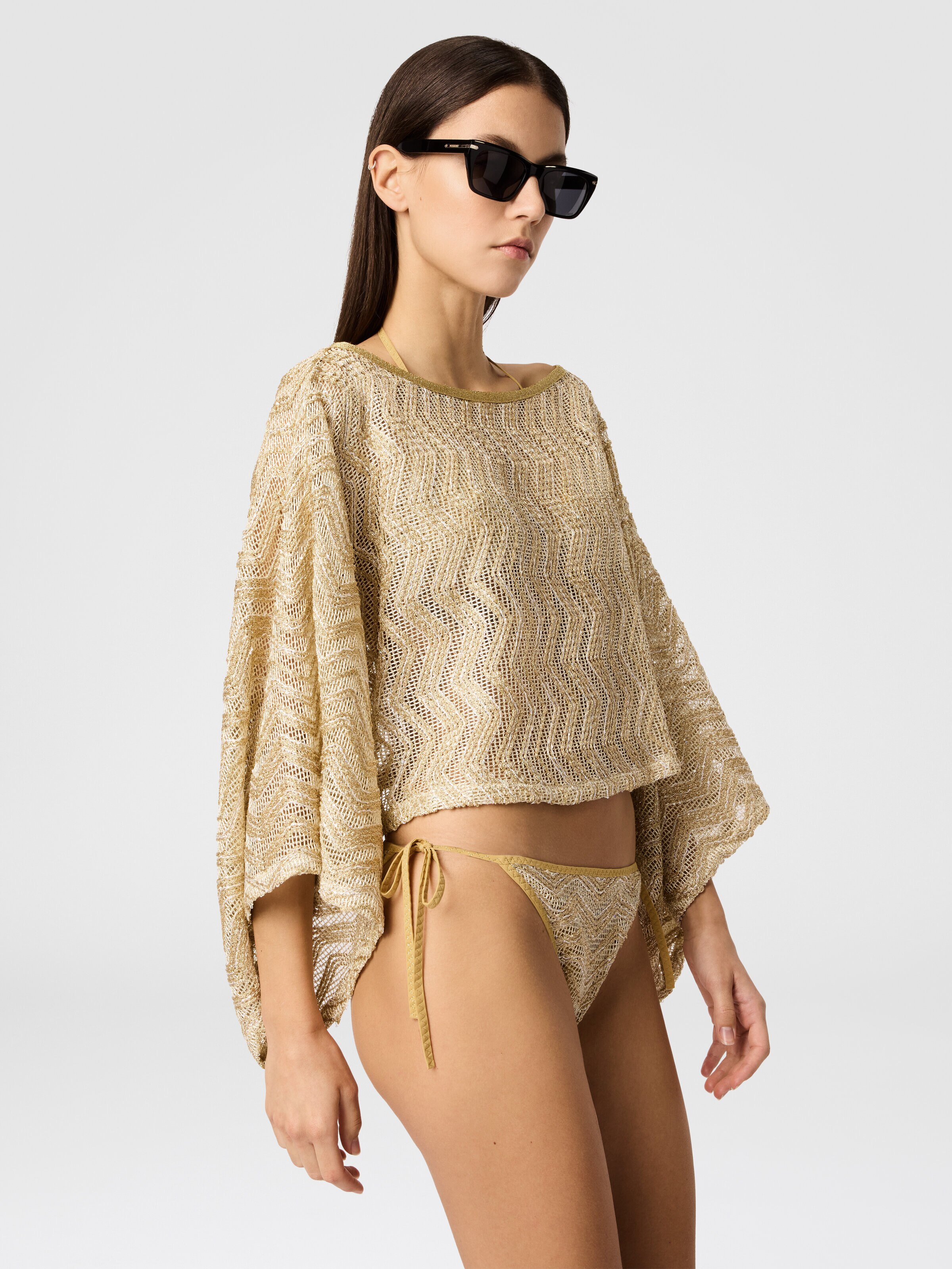 Zigzag mesh top with sequins and wide sleeves, Gold - 3