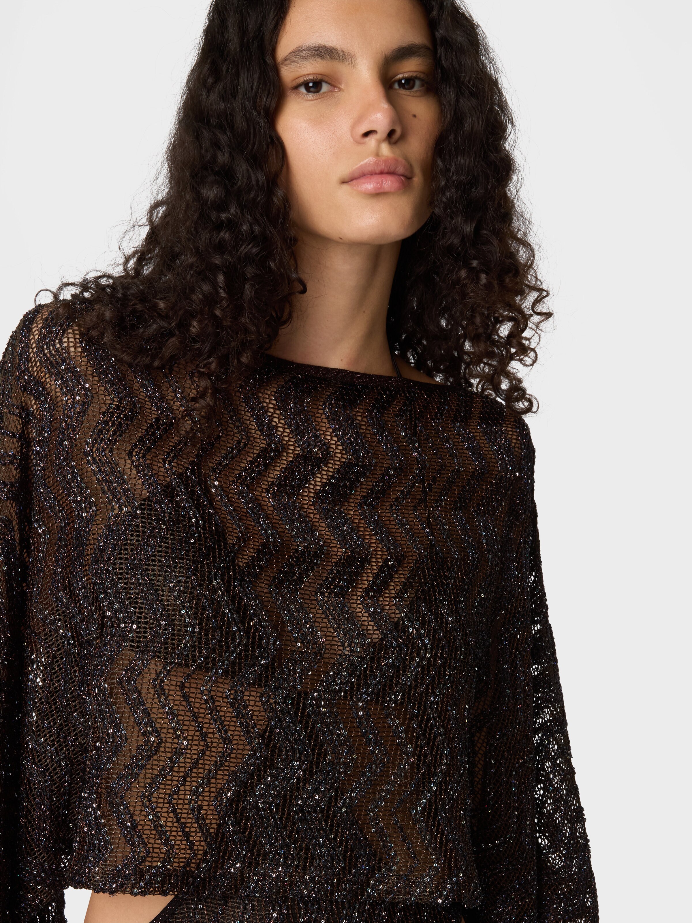 Top de red con motivo zigzag, lentejuelas y mangas amplias, Marròn - 3