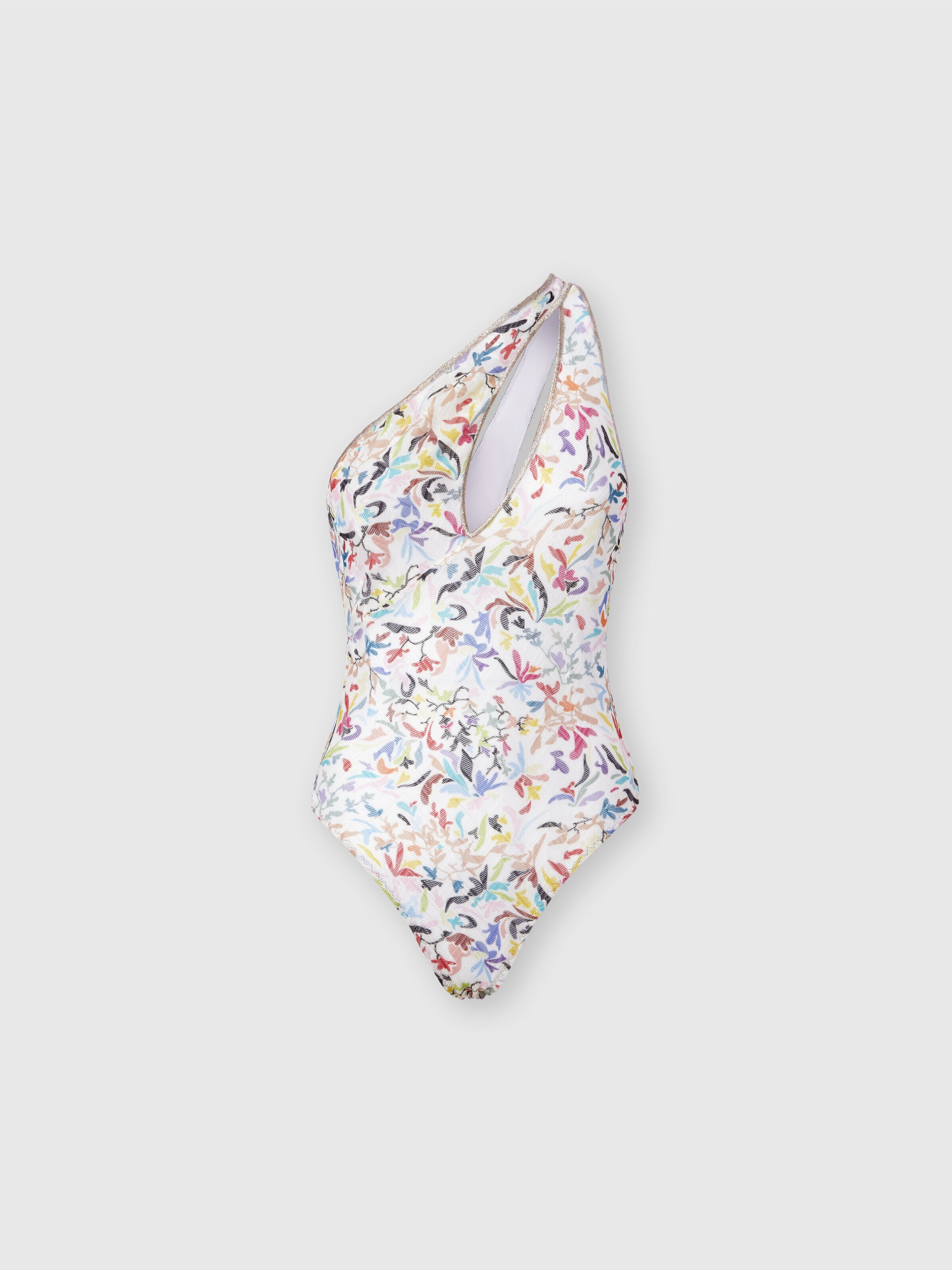 Bañador asimétrico en tul estampado con motivo ramage, Blanco & Multicolor - 0