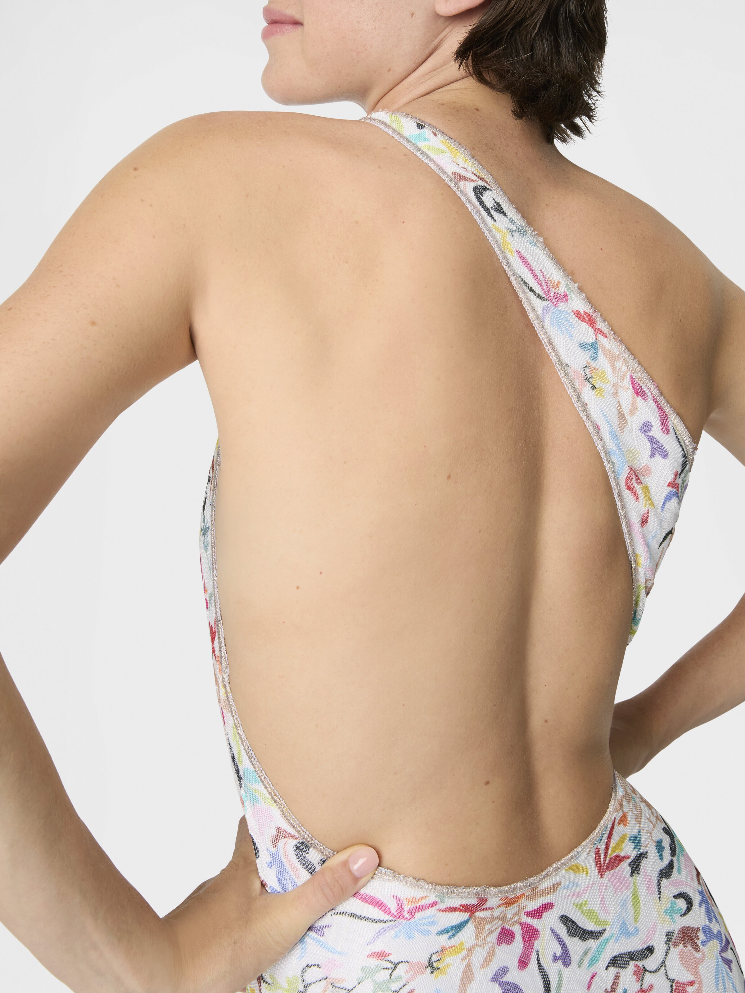 Bañador asimétrico en tul estampado con motivo ramage, Blanco & Multicolor - 3