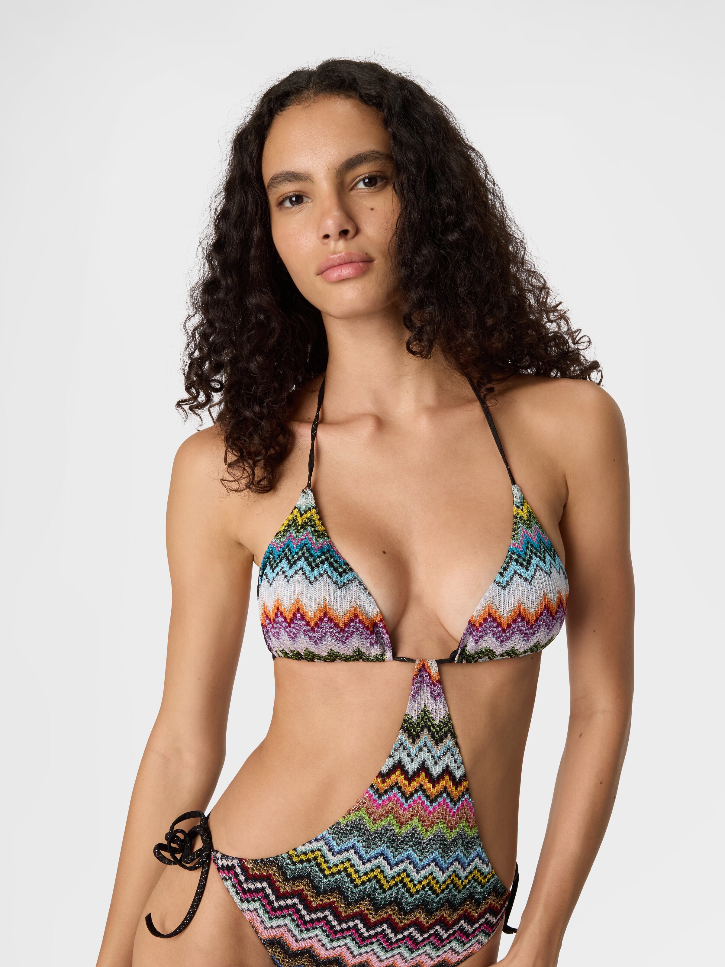 Trikini en viscosa lamé con motivo zigzag efecto píxel, Negro & Multicolor - 3
