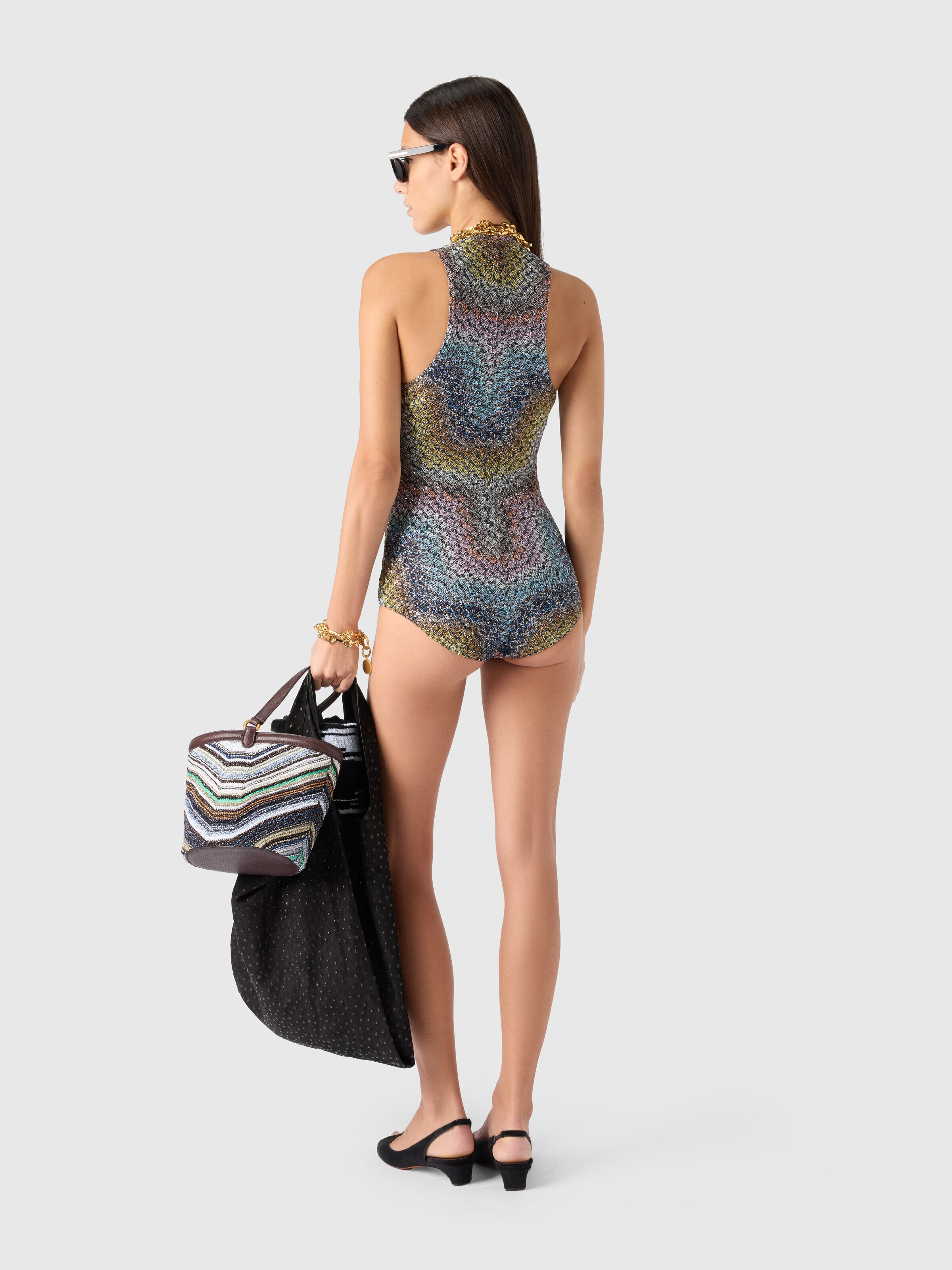 Bañador de cuerpo entero con cuello de pico con botones de punto en zigzag griego con lentejuelas, Multicolor  - 2