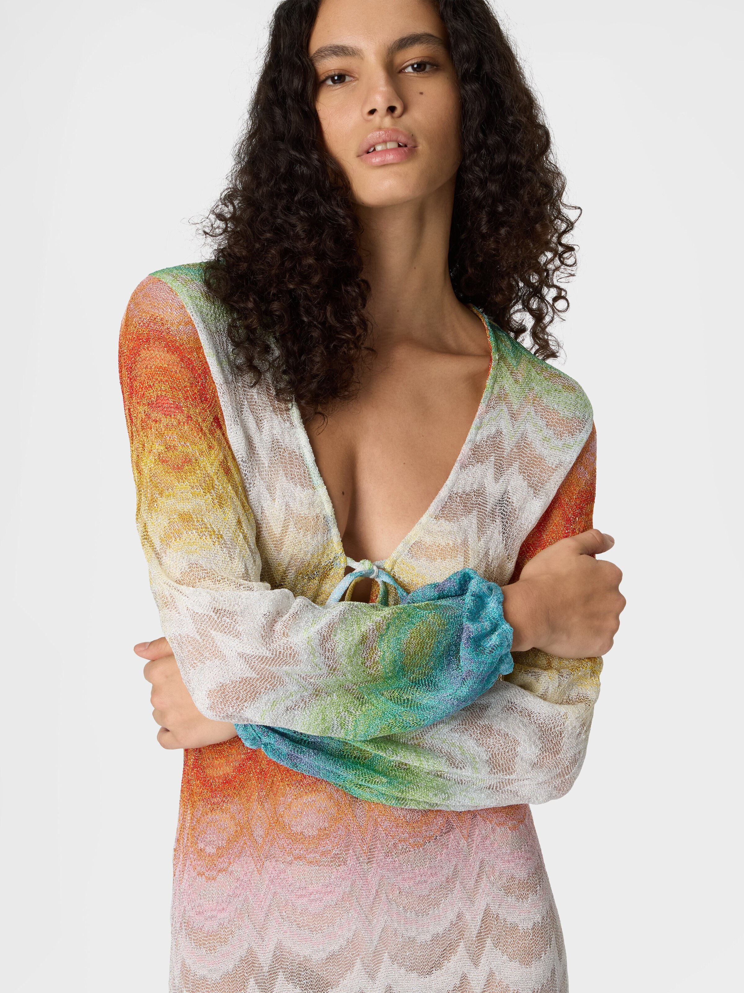 Vestido de playa de manga larga en viscosa lamé degradado, Multicolor  - 3