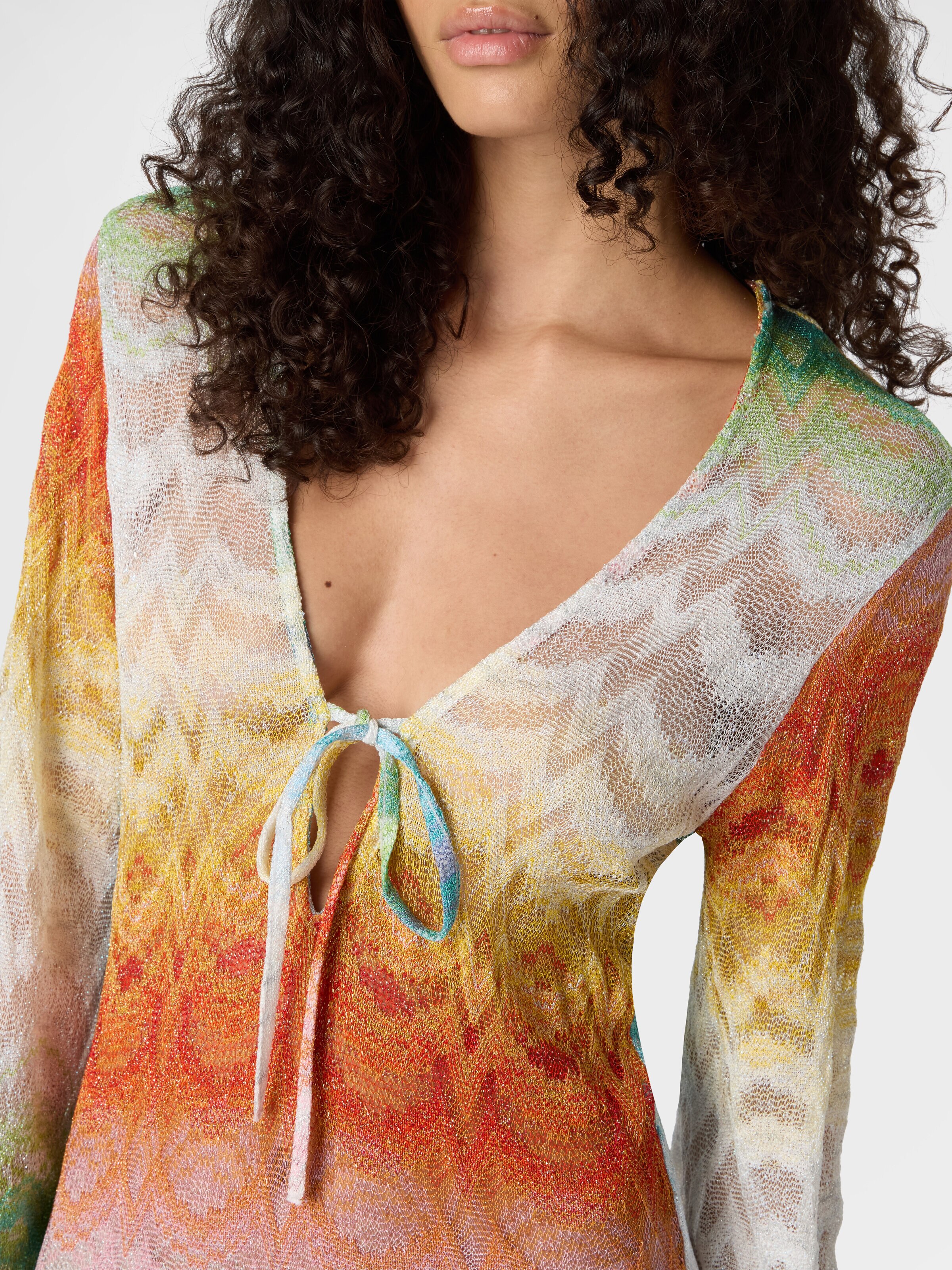 Vestido de playa de manga larga en viscosa lamé degradado, Multicolor  - 4