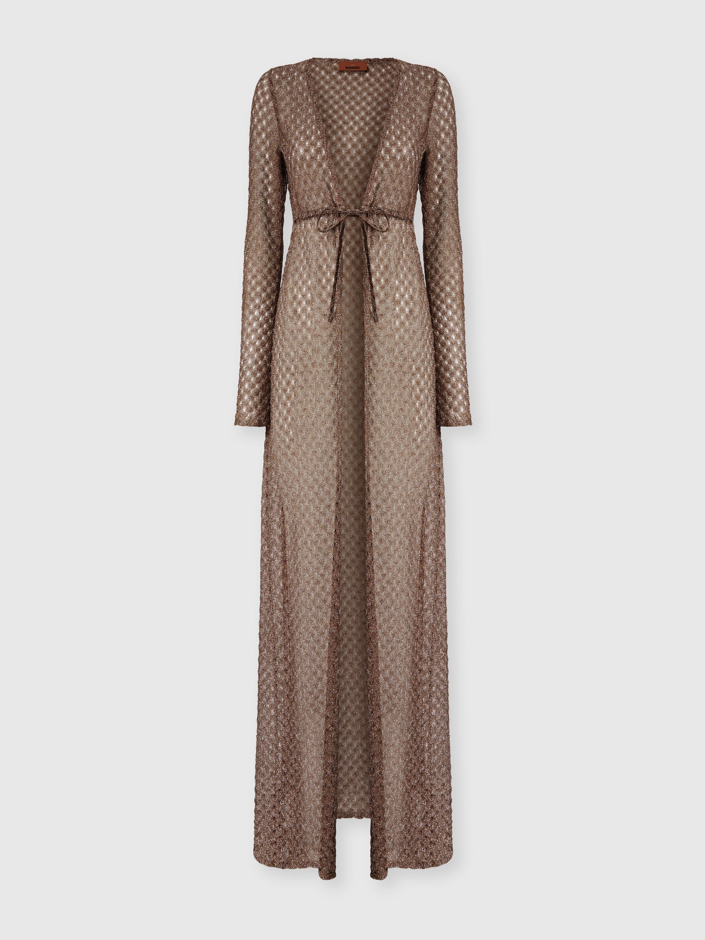 Langer Cardigan aus Lamé-Viskose mit Spinnennetz-Motiv, Braun - 0