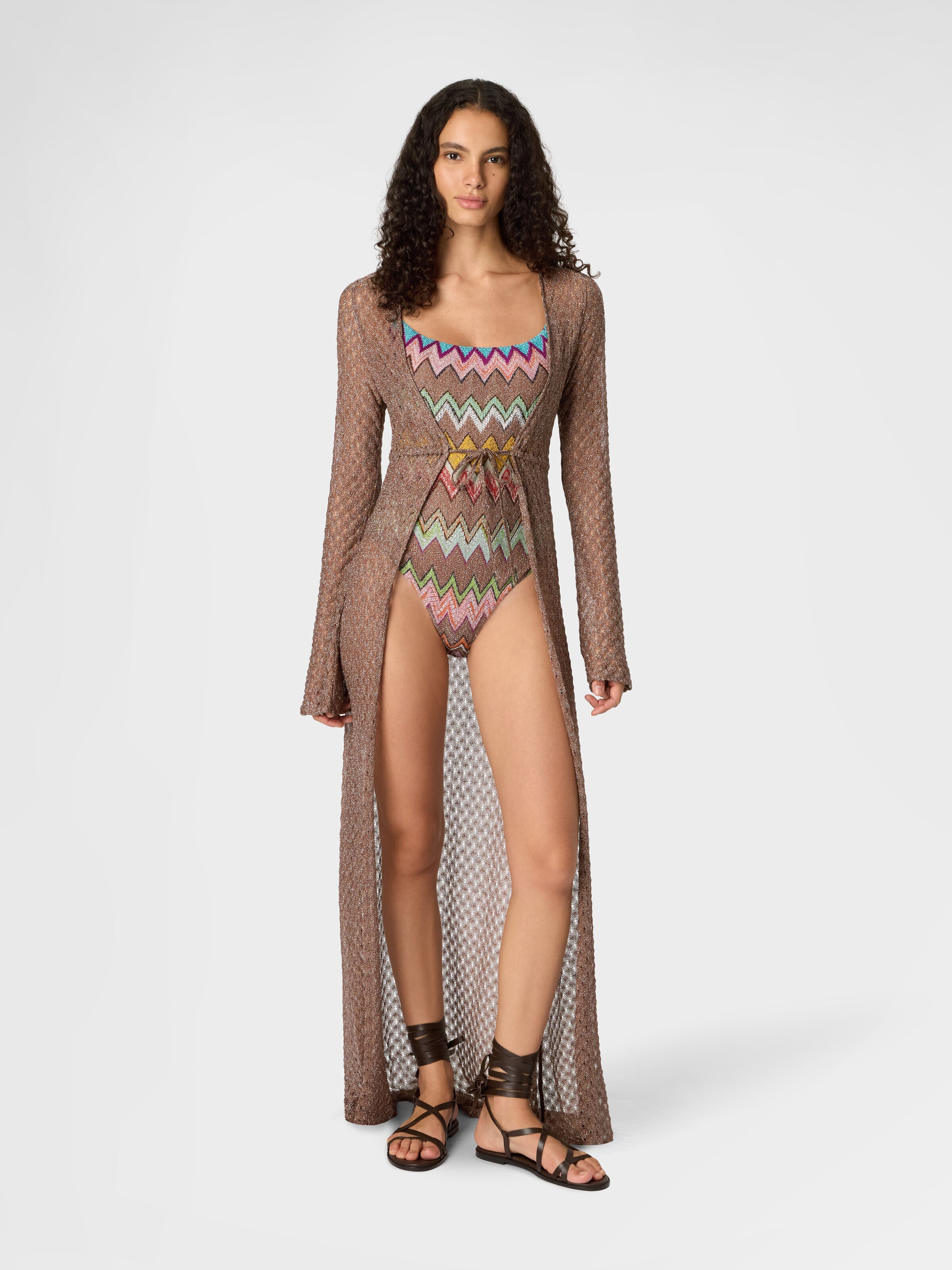 Langer Cardigan aus Lamé-Viskose mit Spinnennetz-Motiv, Braun - 1