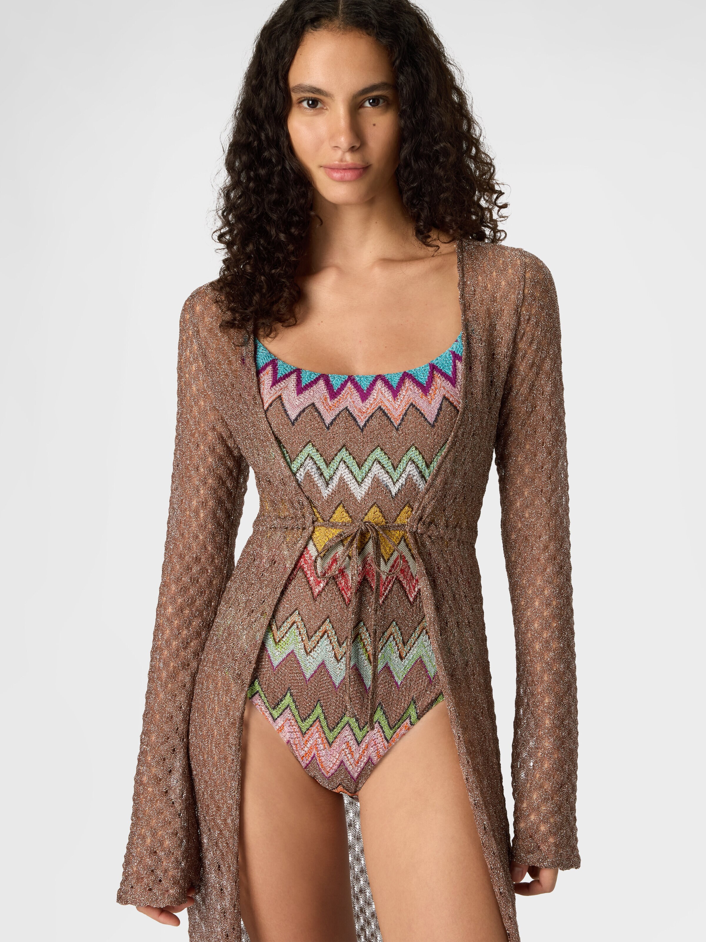 Langer Cardigan aus Lamé-Viskose mit Spinnennetz-Motiv, Braun - 3