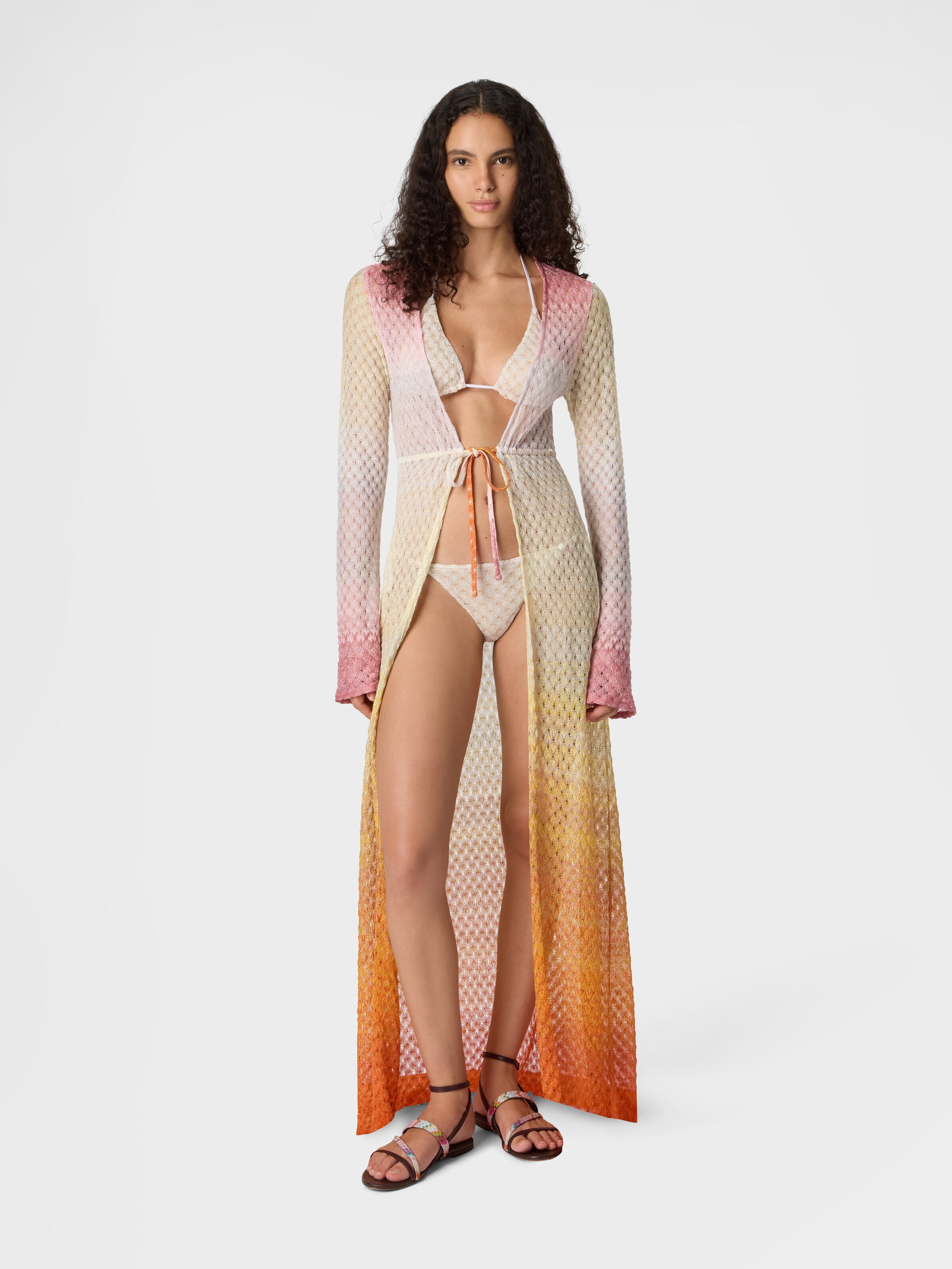 Cardigan aus Lamé-Viskose mit Dégradé-Spinnennetz-Motiv, Orange - 1