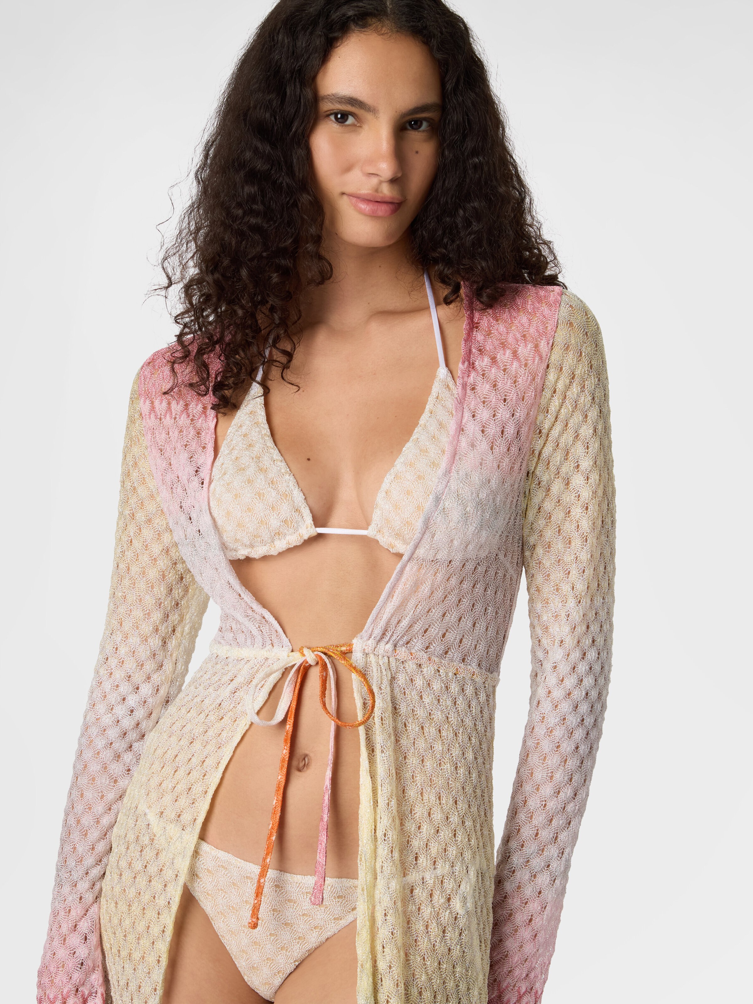 Cardigan aus Lamé-Viskose mit Dégradé-Spinnennetz-Motiv, Orange - 3