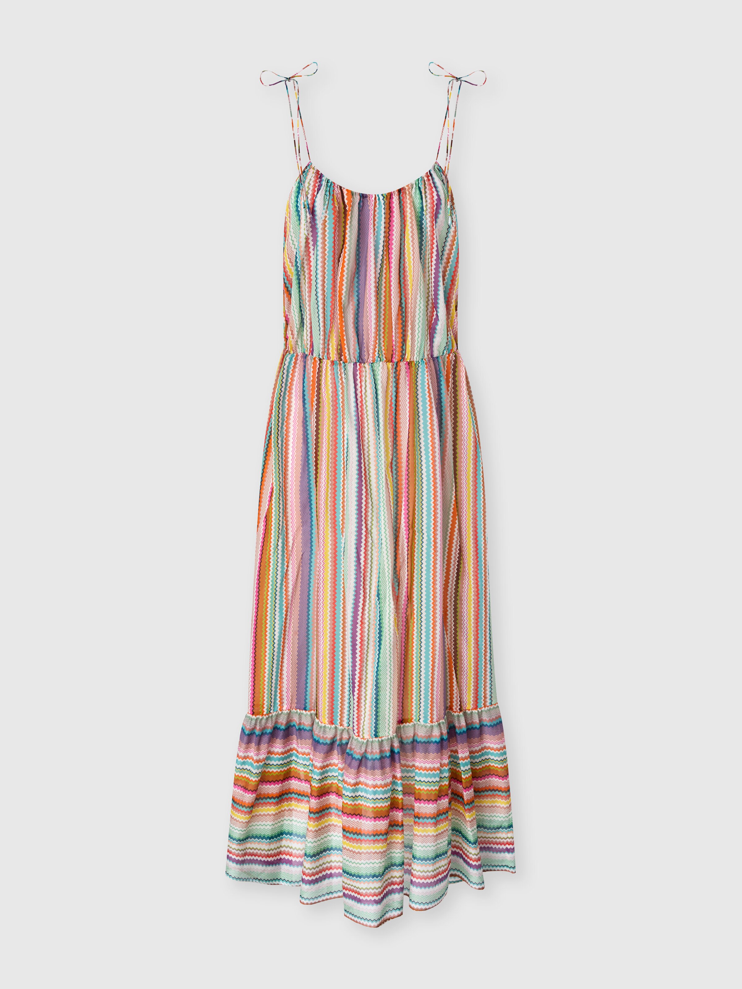 Robe longue de plage à volants en coton et soie à motif zigzag, Multicolore  - 0